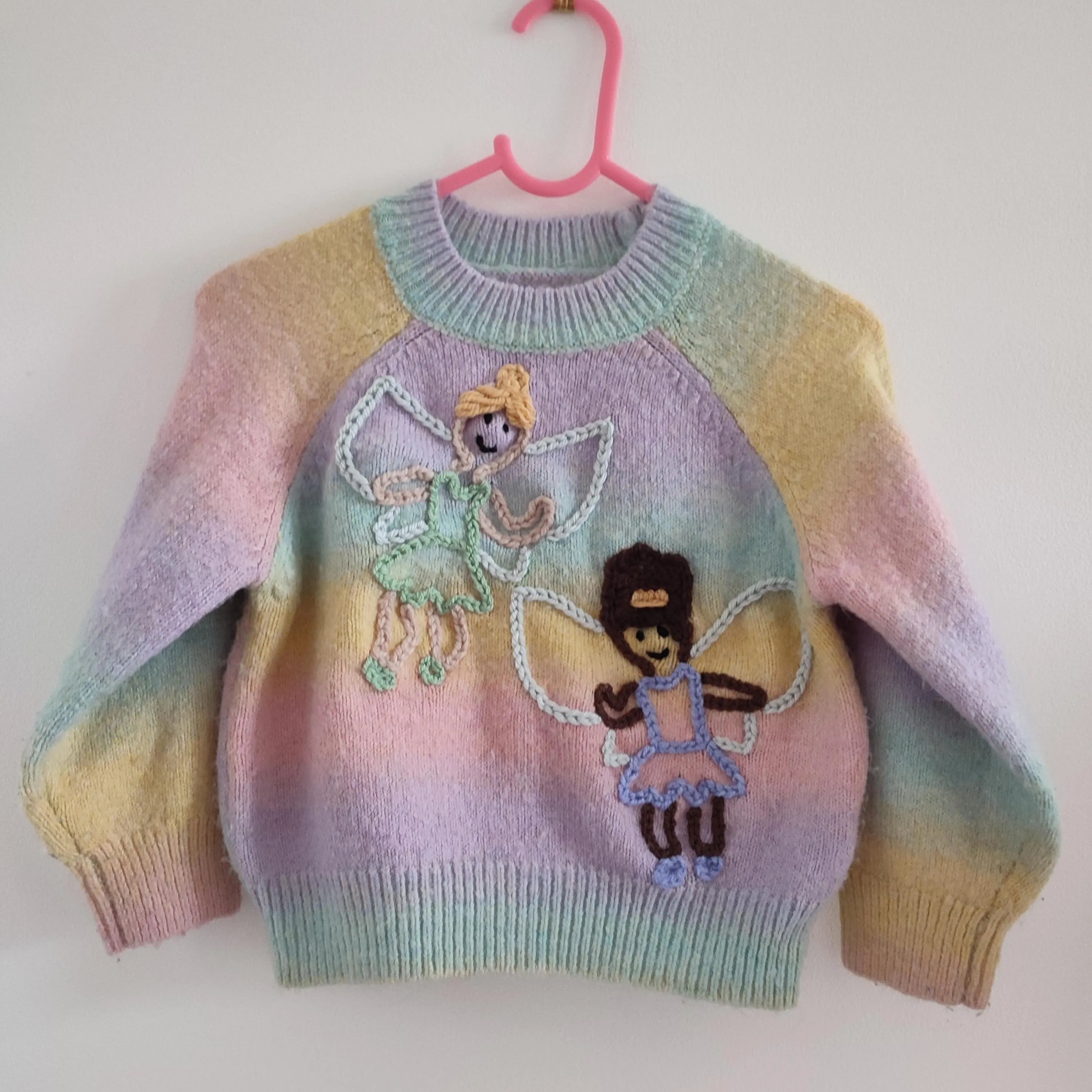 Hand embroidered I do believe in fairies rainbow jumper. Size 2-3 years