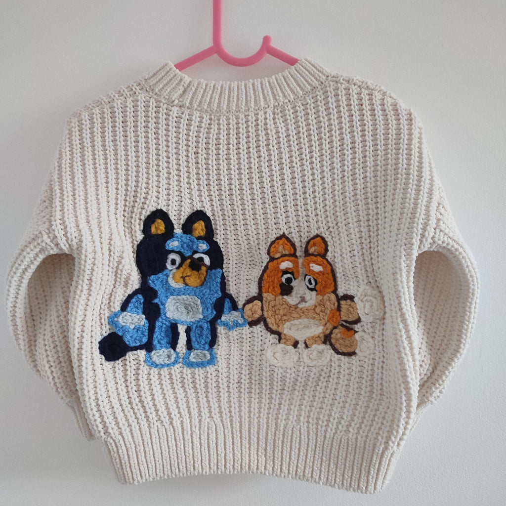 Hand embroidered Bluey for real life jumper. With bluey and bingo! Size 1.5-2 years