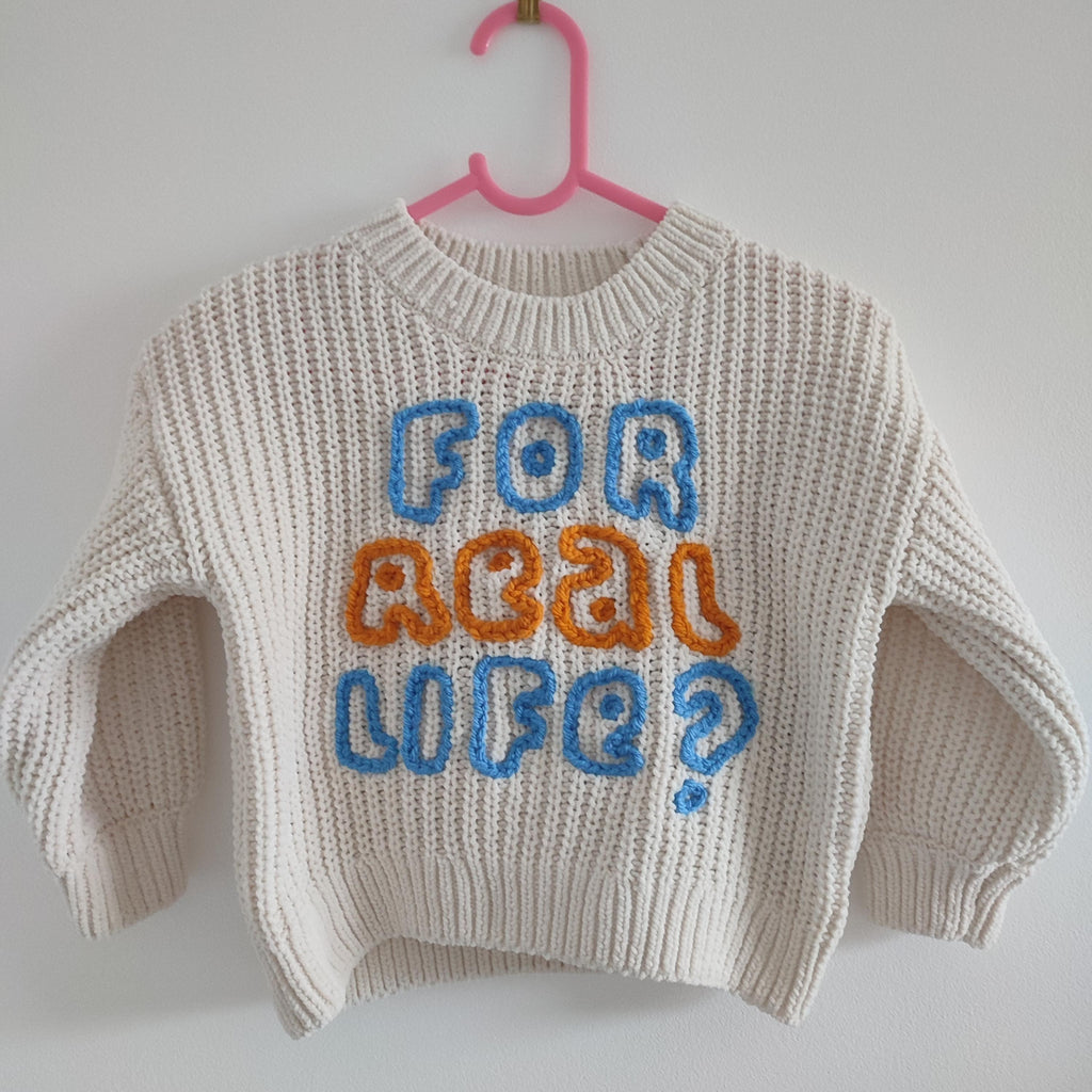 Hand embroidered Bluey for real life jumper. With bluey and bingo! Size 1.5-2 years