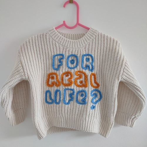 Hand embroidered Bluey for real life jumper. With bluey and bingo! Size 1.5-2 years