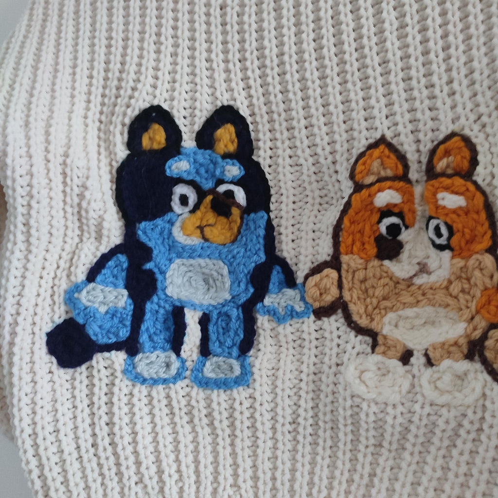 Hand embroidered Bluey for real life jumper. With bluey and bingo! Size 1.5-2 years