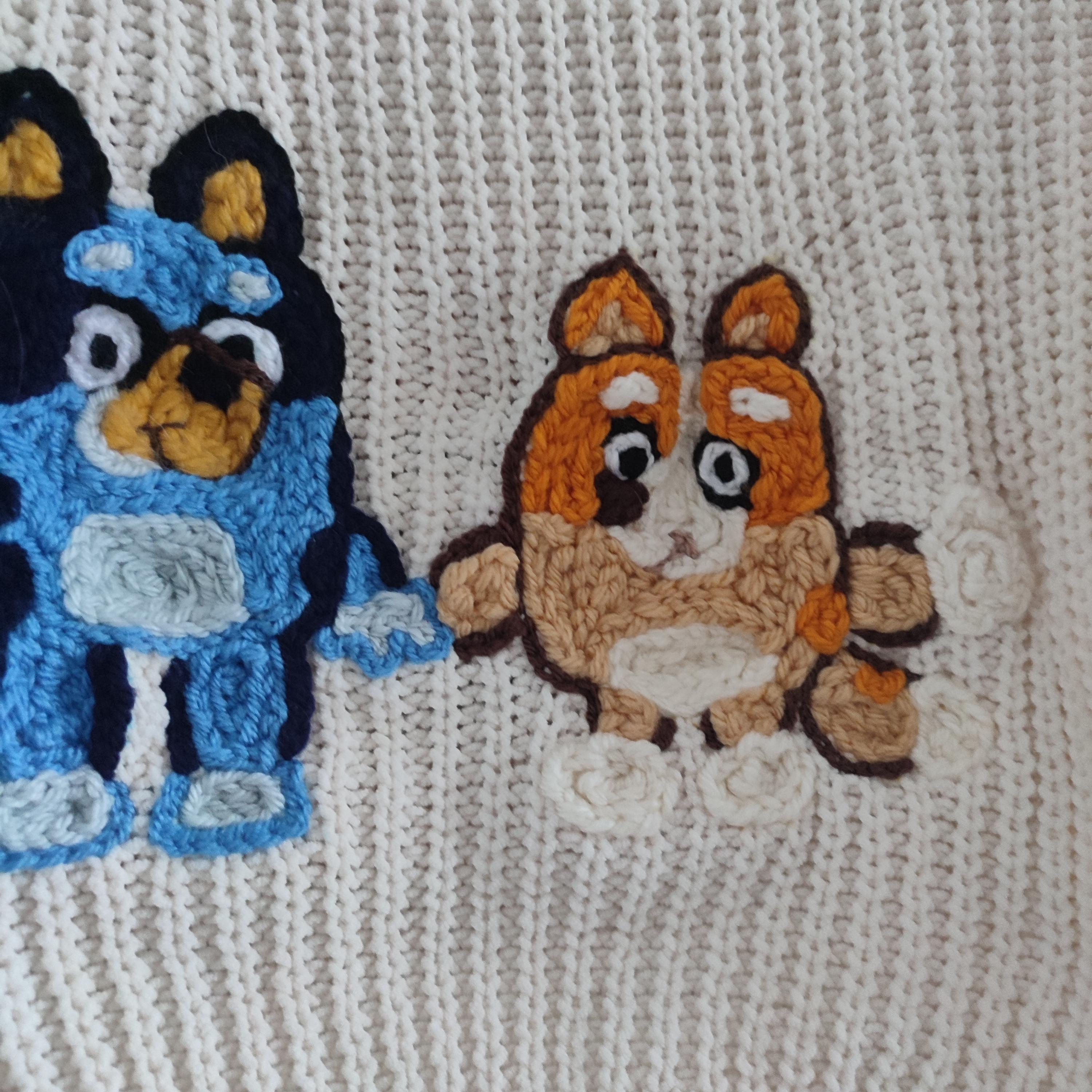 Hand embroidered Bluey for real life jumper. With bluey and bingo! Size 1.5-2 years