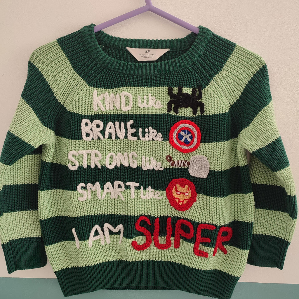 Ready to buy hand embroidered 'I am Super' superhero design. 4-6 years