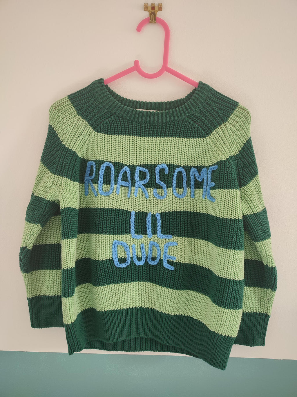 Hand Embroidered Dinosaur Toddler Jumper, Green Stripe, 1.5-2 Years