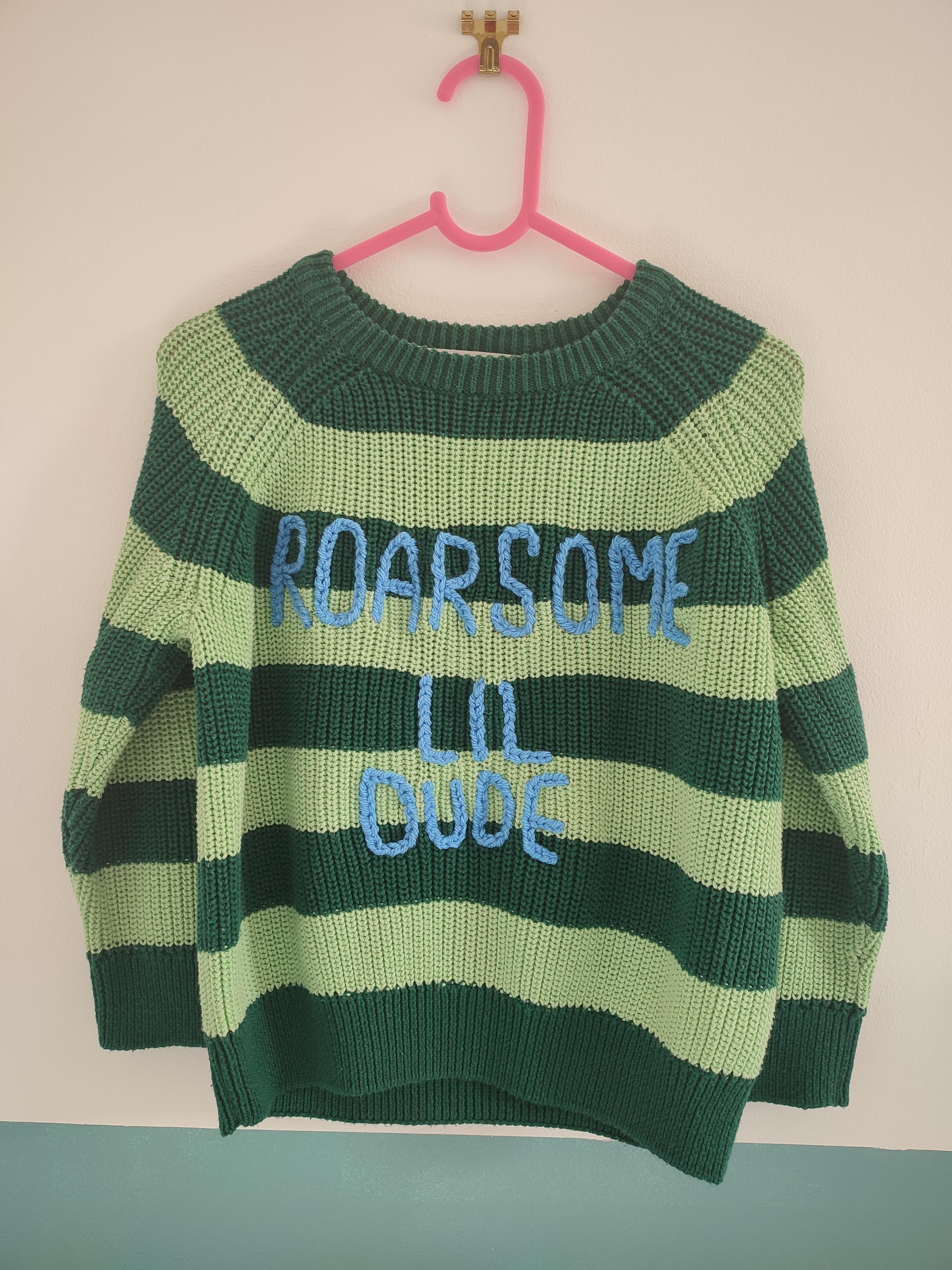 Hand Embroidered Dinosaur Toddler Jumper, Green Stripe, 1.5-2 Years