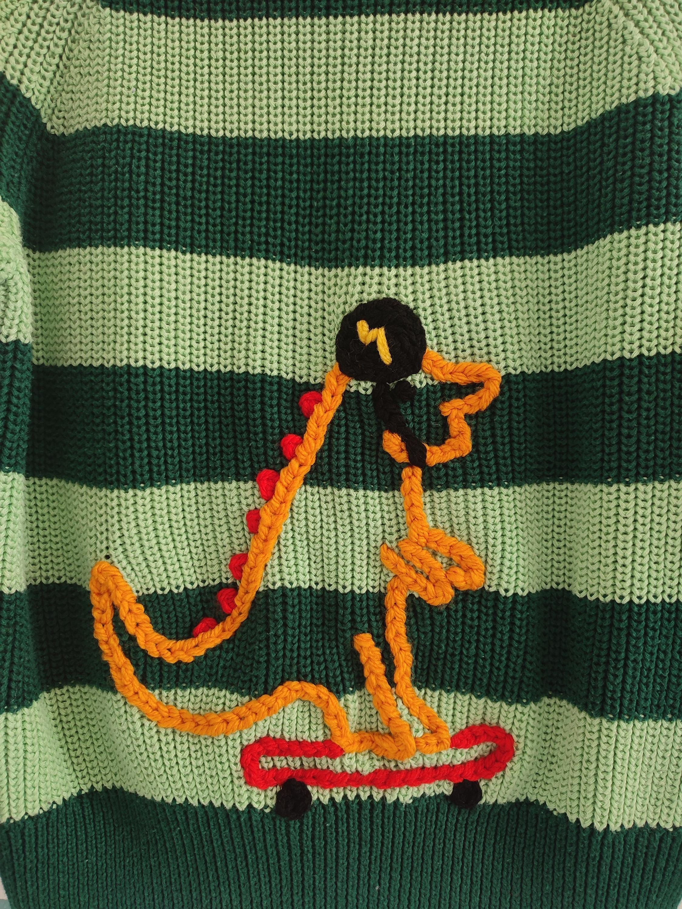 Hand Embroidered Dinosaur Toddler Jumper, Green Stripe, 1.5-2 Years