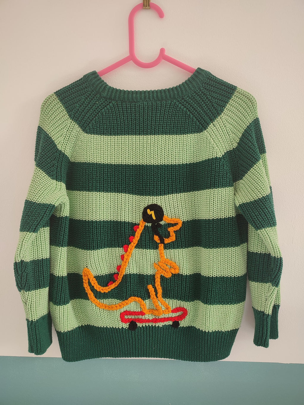 Hand Embroidered Dinosaur Toddler Jumper, Green Stripe, 1.5-2 Years