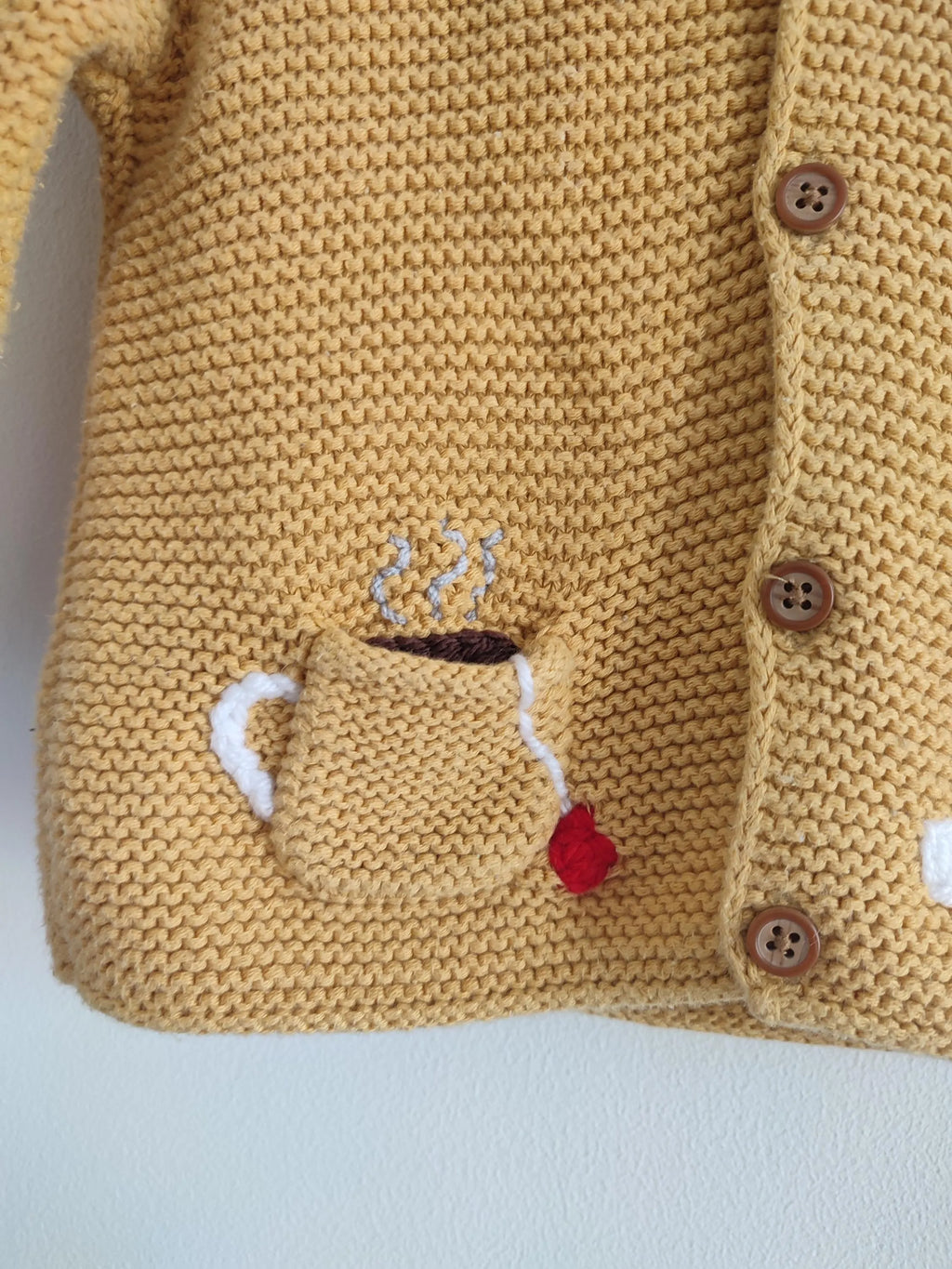 Hand embroidered breakfast club mustard yellow cardigan. Size 6-9 months