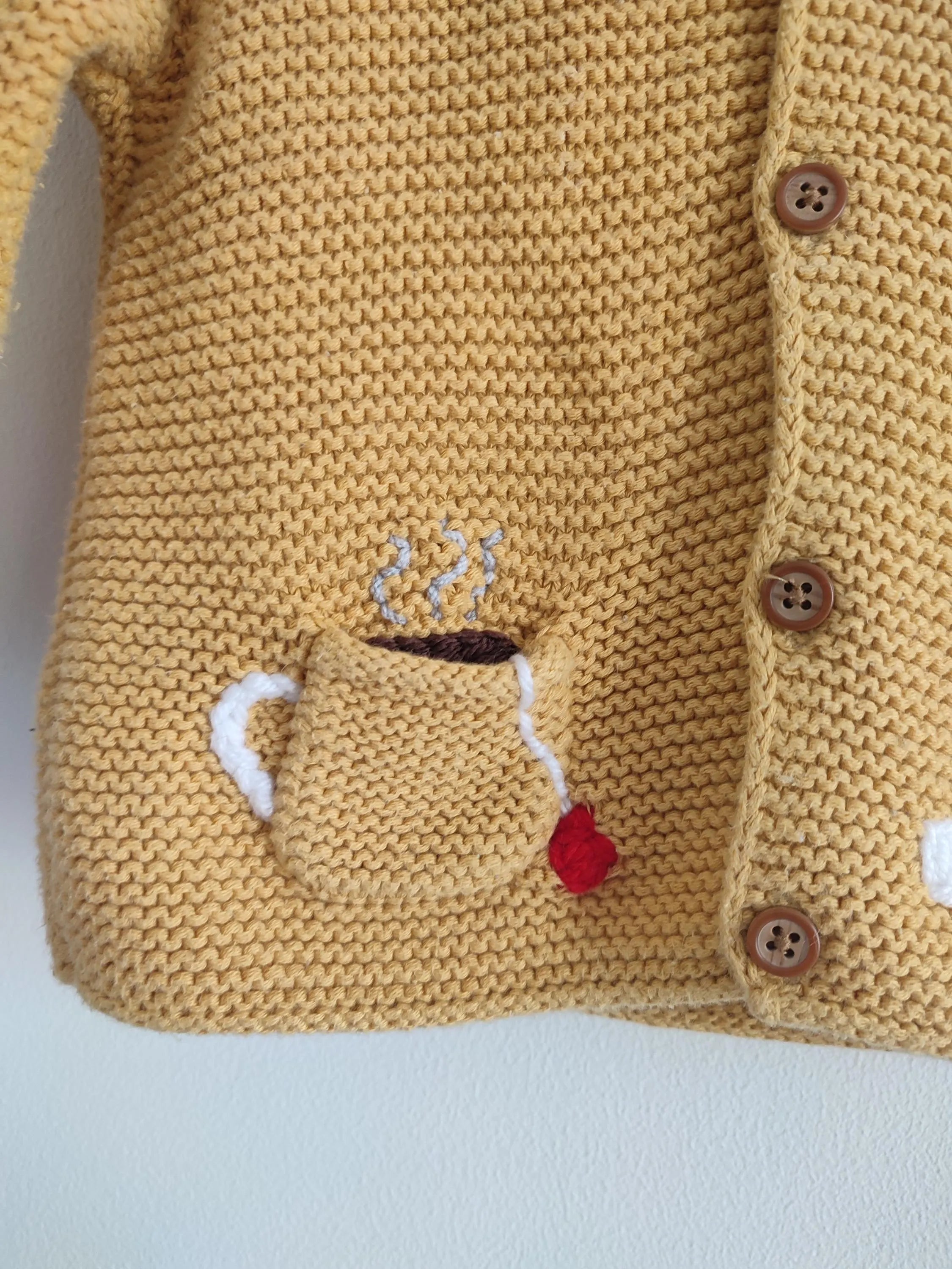 Hand embroidered breakfast club mustard yellow cardigan. Size 6-9 months