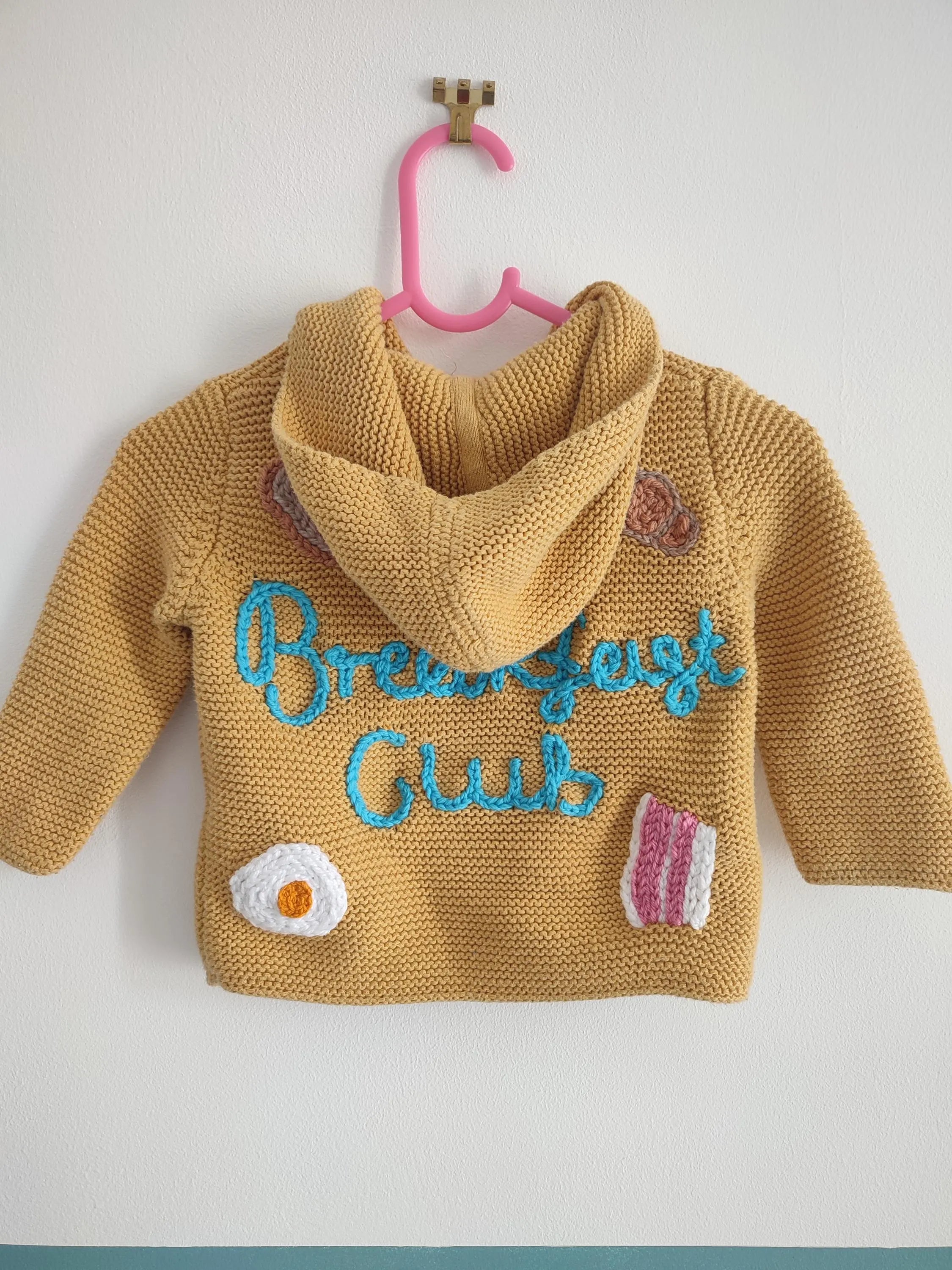 Hand embroidered breakfast club mustard yellow cardigan. Size 6-9 months