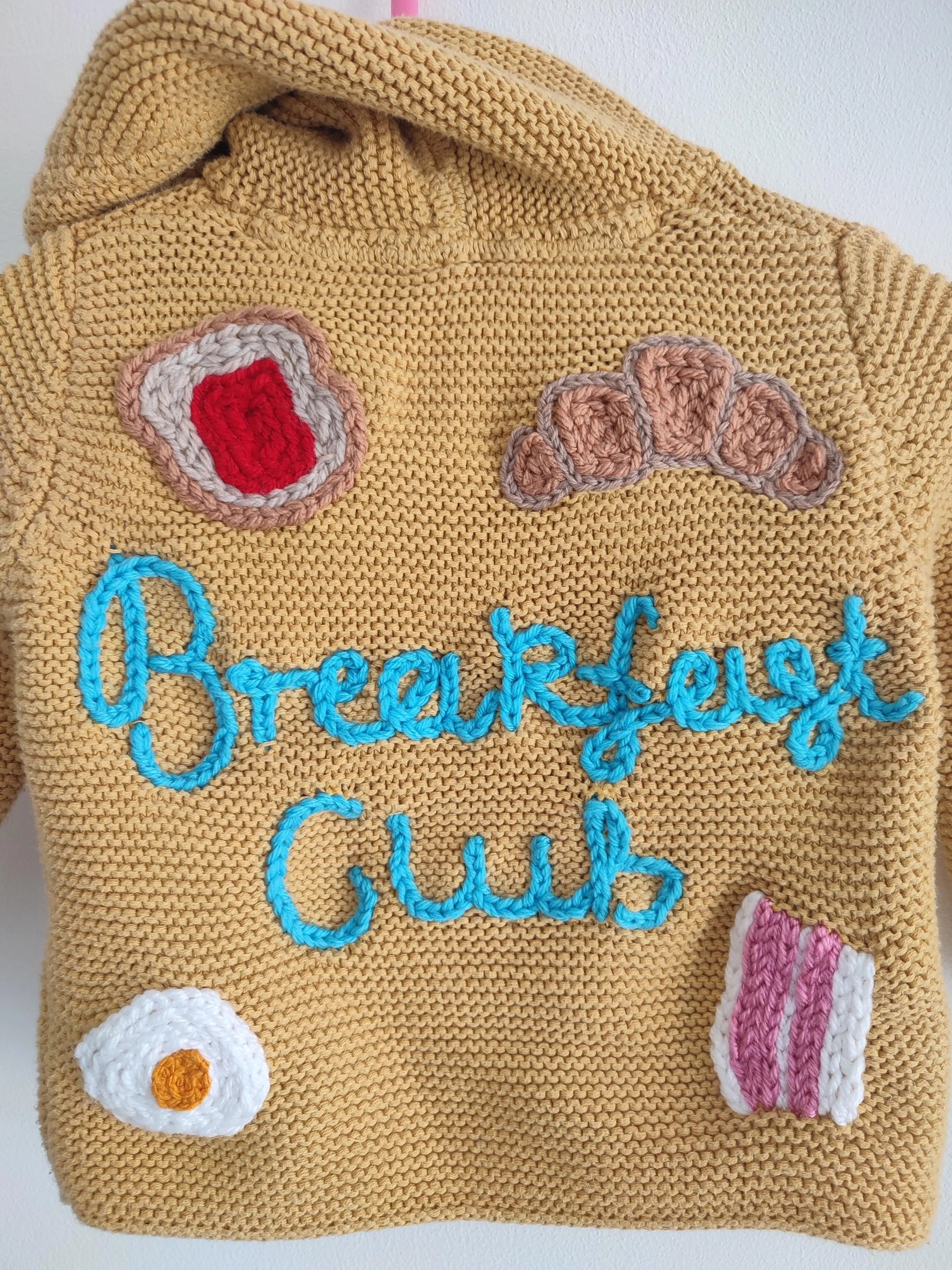 Hand embroidered breakfast club mustard yellow cardigan. Size 6-9 months