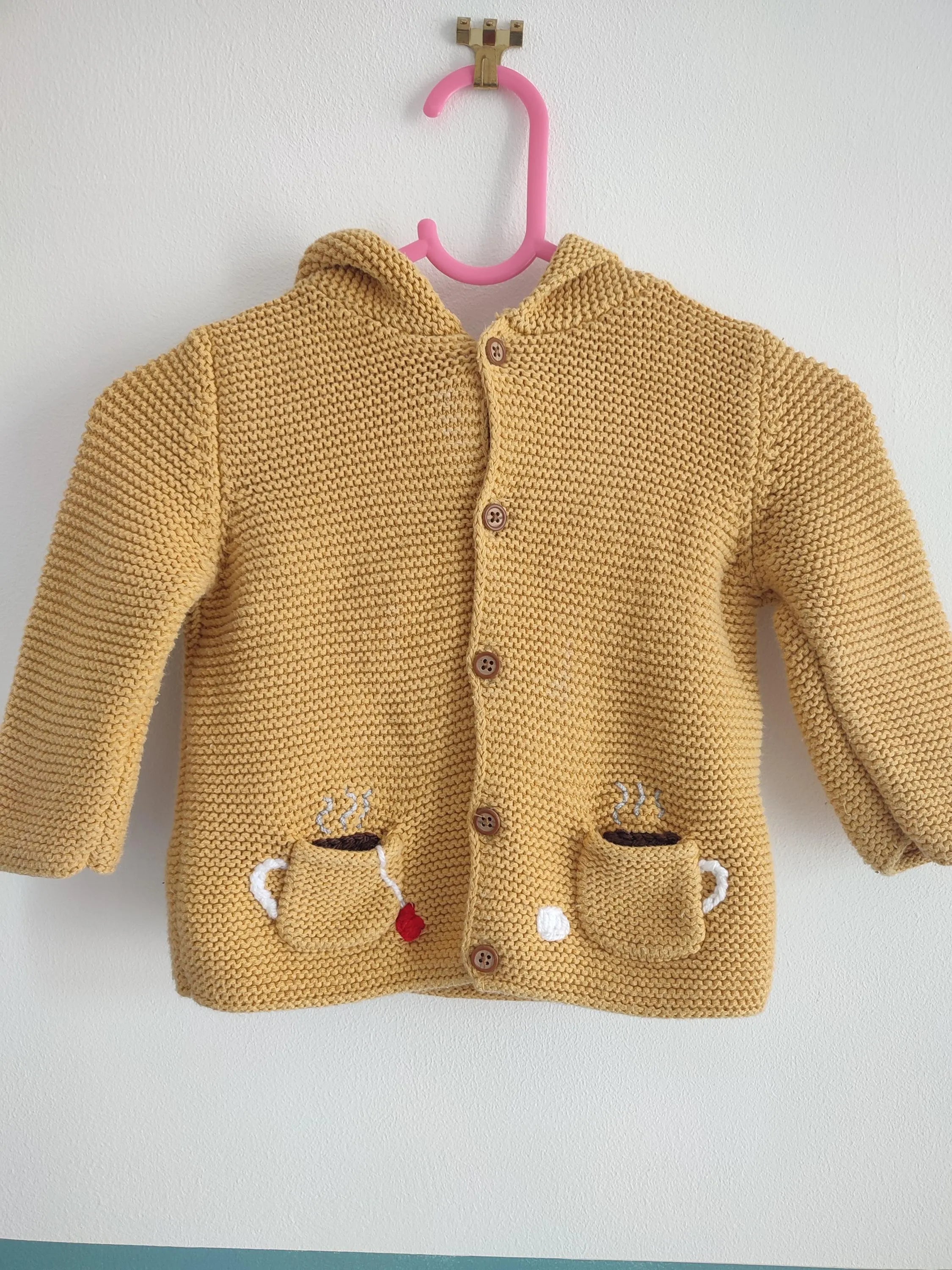 Hand embroidered breakfast club mustard yellow cardigan. Size 6-9 months