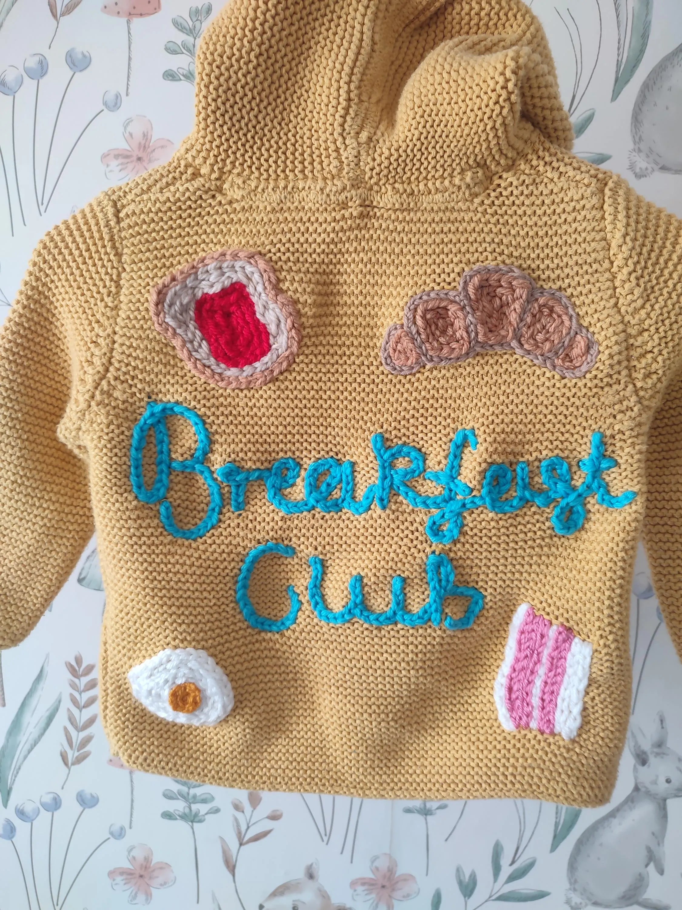 Hand embroidered breakfast club mustard yellow cardigan. Size 6-9 months