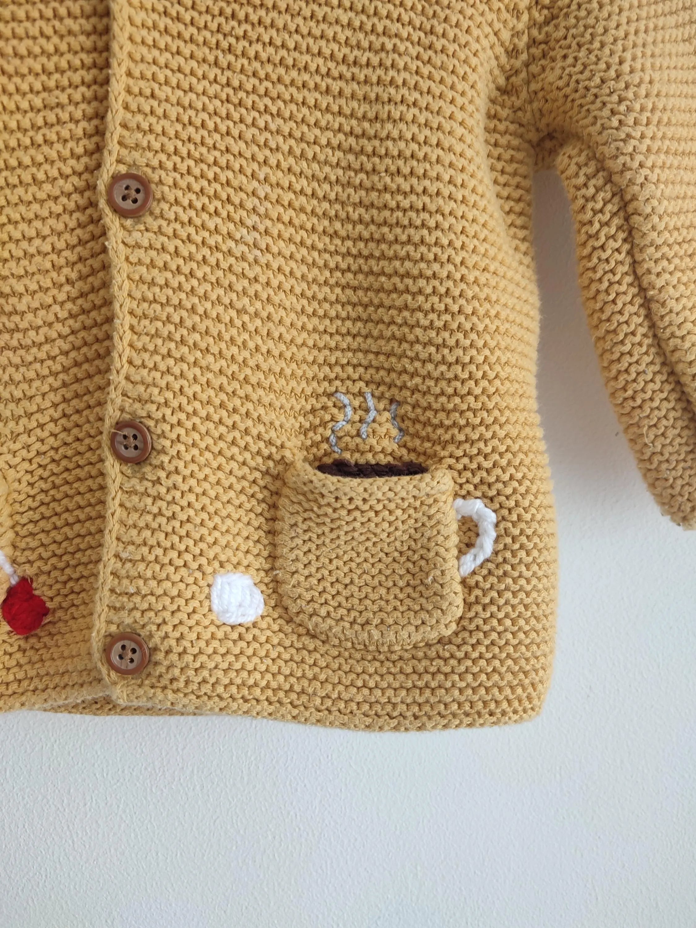 Hand embroidered breakfast club mustard yellow cardigan. Size 6-9 months