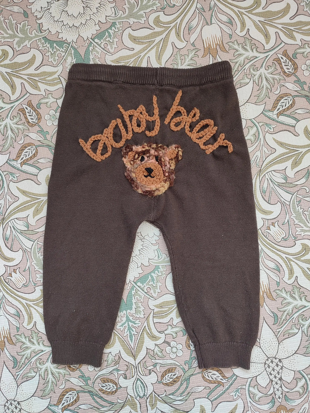 Hand embroidered baby bear brown knitted trousers leggings with bear detail. 9-12 months