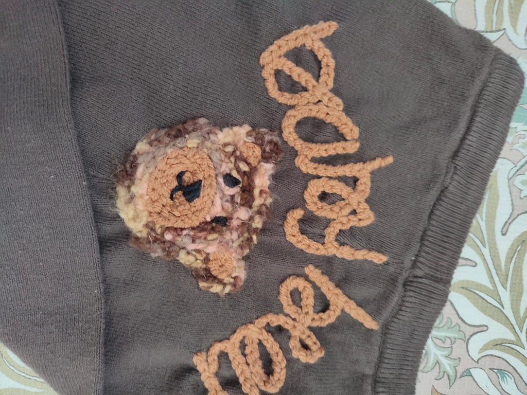 Hand embroidered baby bear brown knitted trousers leggings with bear detail. 9-12 months