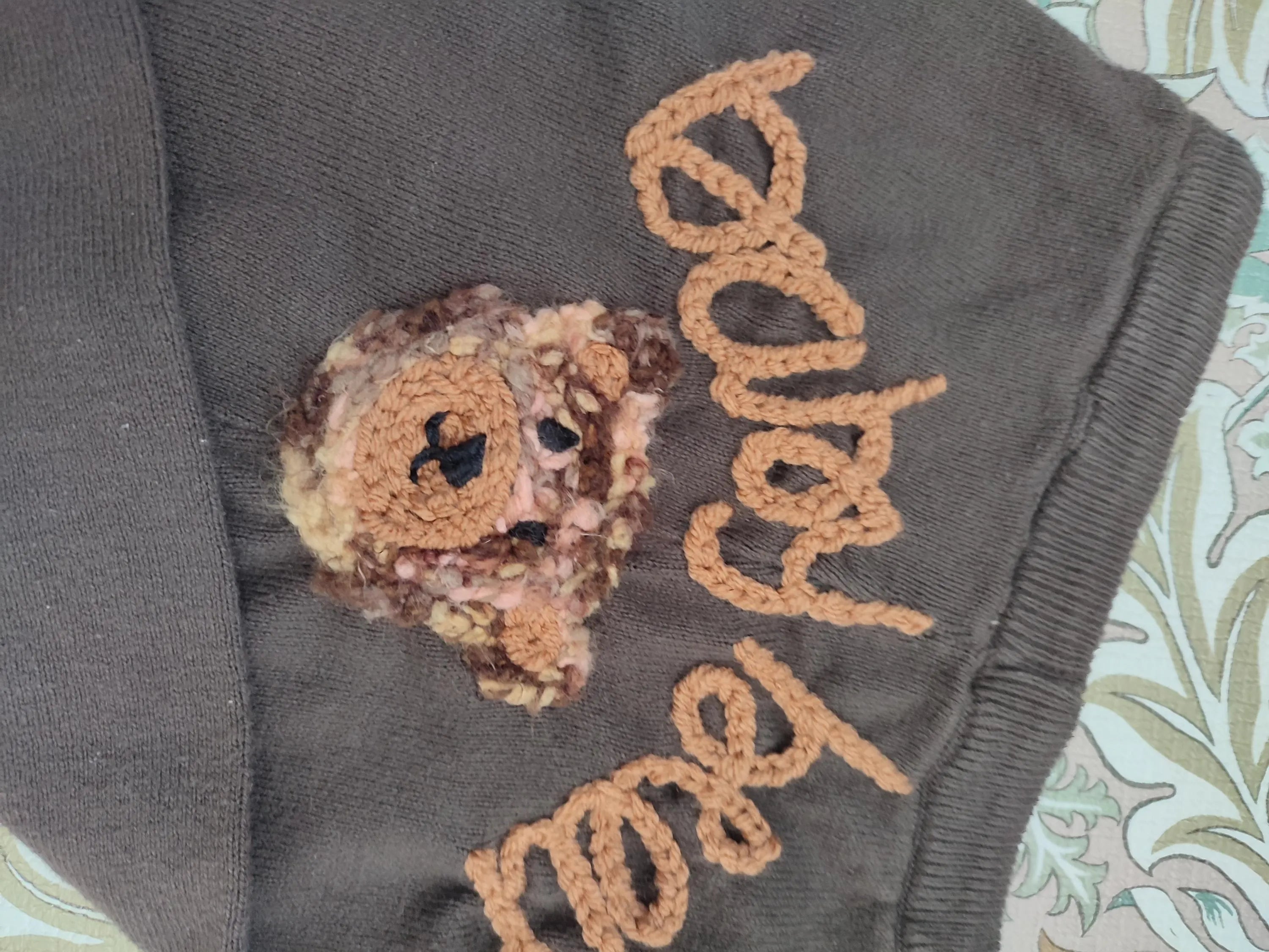 Hand embroidered baby bear brown knitted trousers leggings with bear detail. 9-12 months