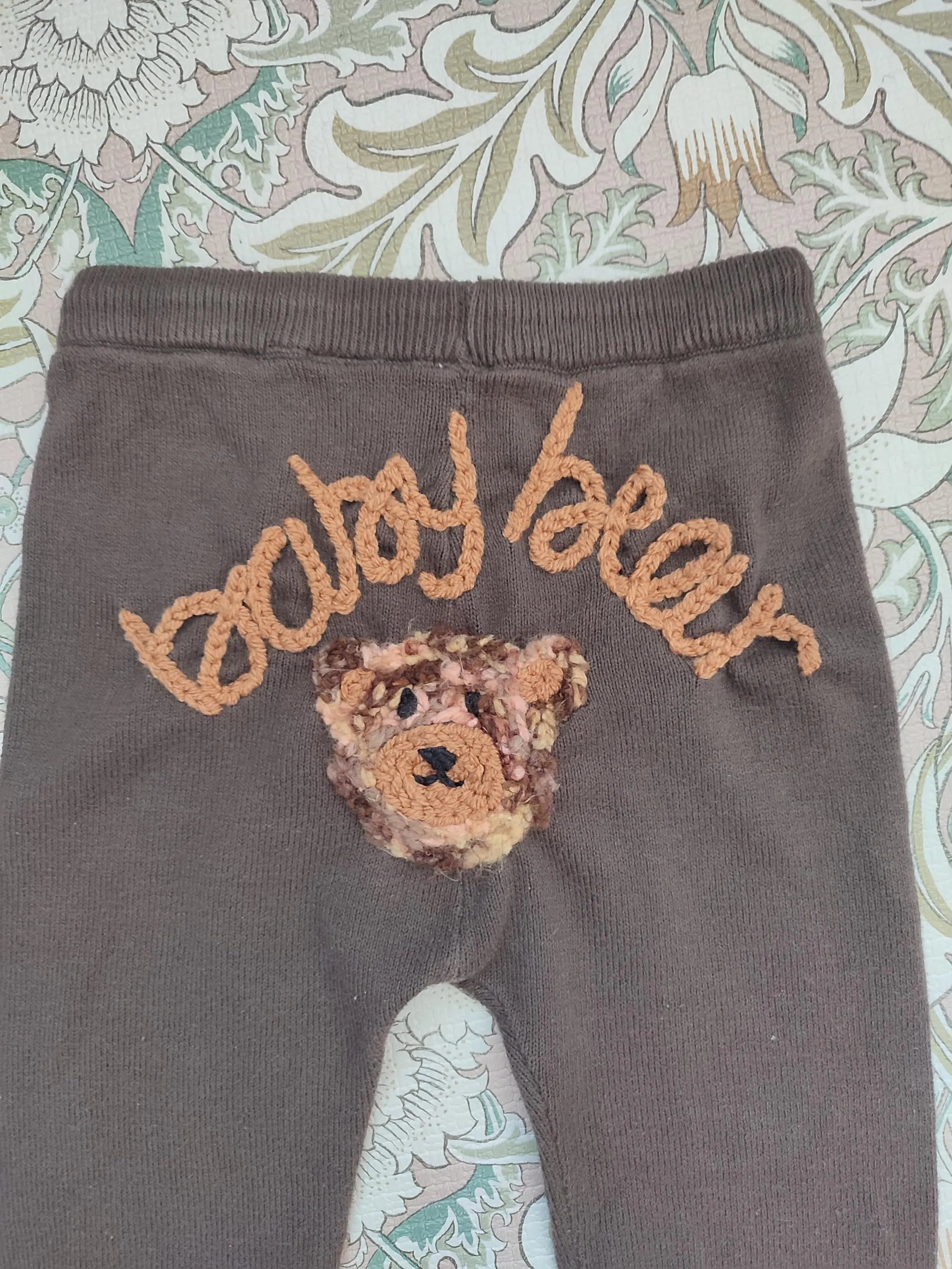 Hand embroidered baby bear brown knitted trousers leggings with bear detail. 9-12 months