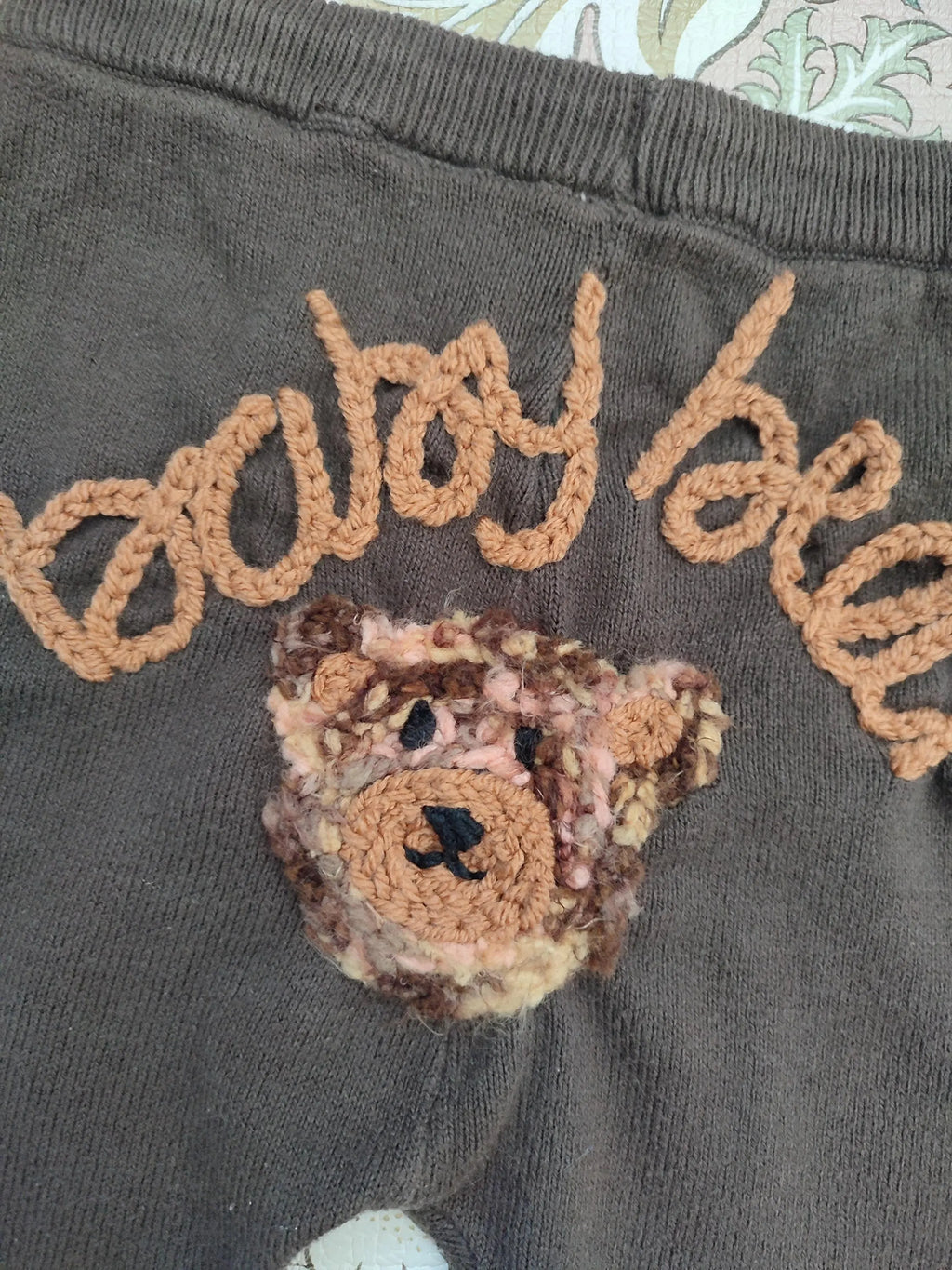 Hand embroidered baby bear brown knitted trousers leggings with bear detail. 9-12 months
