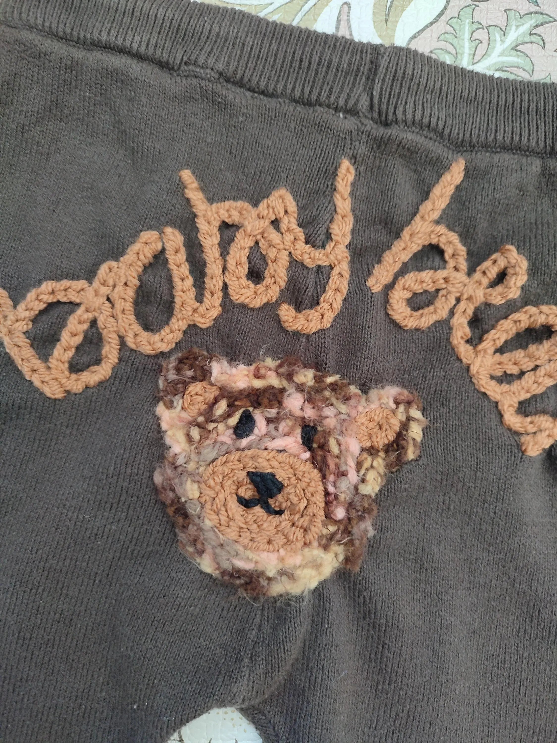 Hand embroidered baby bear brown knitted trousers leggings with bear detail. 9-12 months