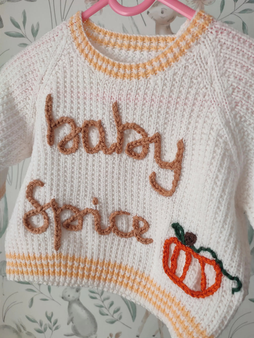 Hand embroidered white neutral pumpkin spice jumper. Halloween, autumn knit. Size 6-9 months