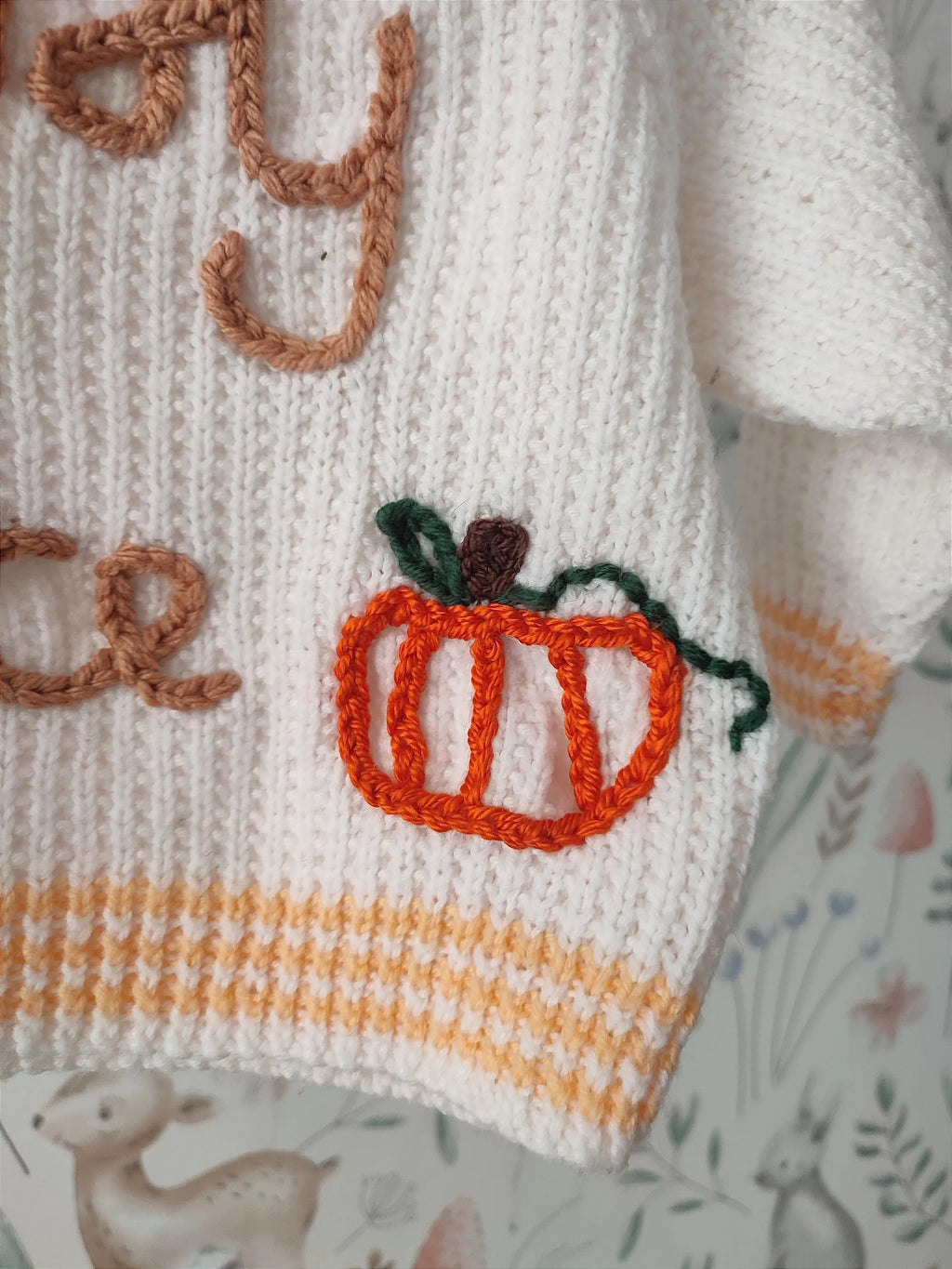 Hand embroidered white neutral pumpkin spice jumper. Halloween, autumn knit. Size 6-9 months