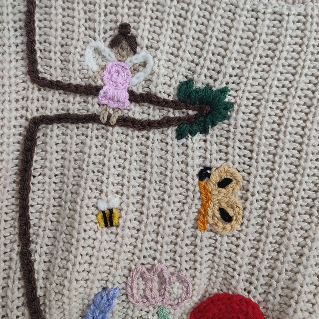 Hand embroidered enchanted fairy garden jumper. With fairies, flowers, woodland. Size 5-6 years