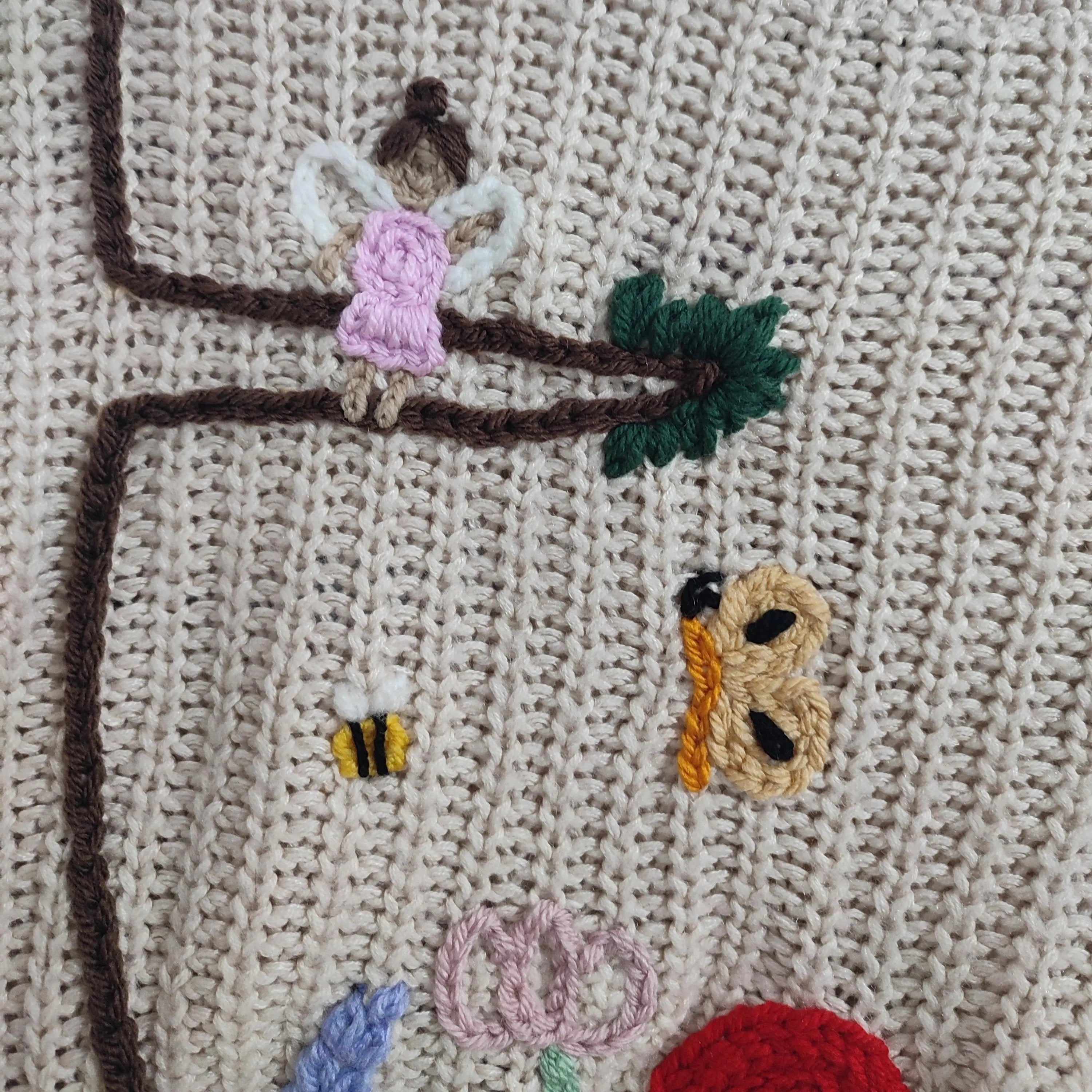 Hand embroidered enchanted fairy garden jumper. With fairies, flowers, woodland. Size 5-6 years