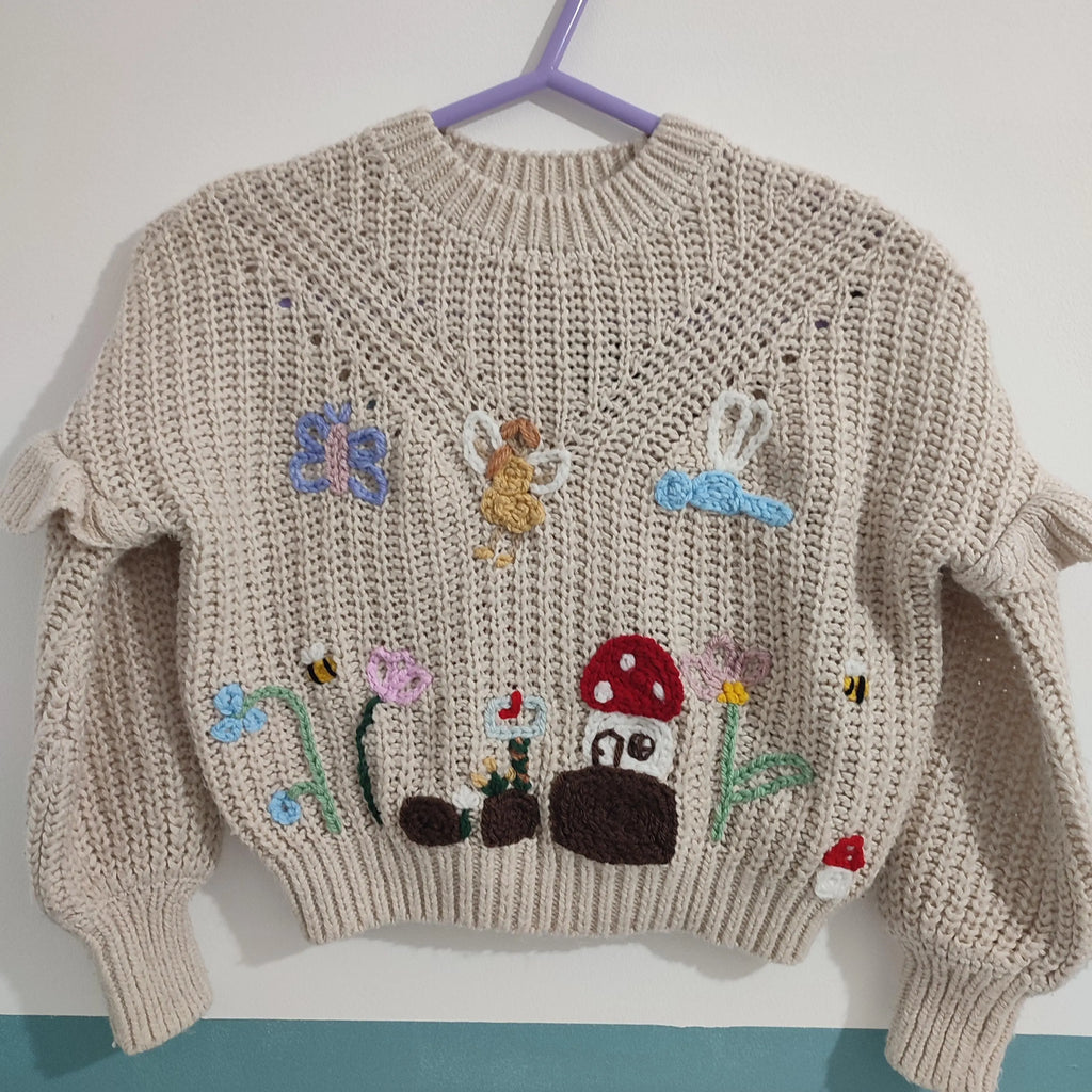 Hand embroidered enchanted fairy garden jumper. With fairies, flowers, woodland. Size 5-6 years