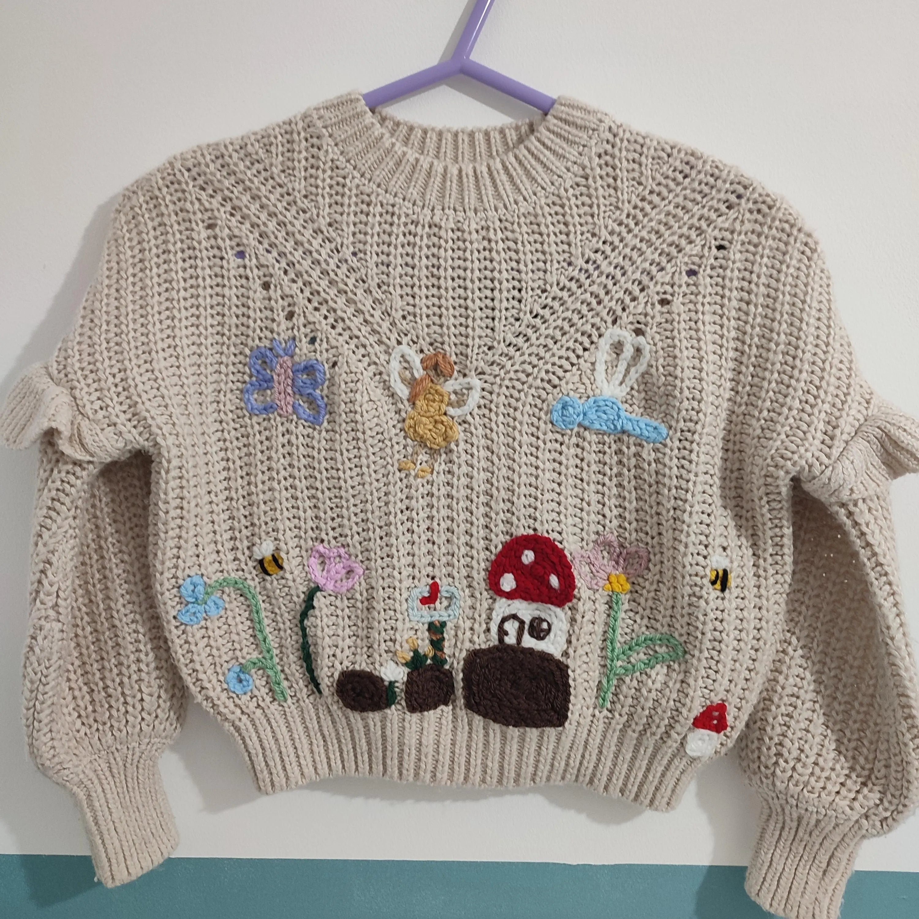Hand embroidered enchanted fairy garden jumper. With fairies, flowers, woodland. Size 5-6 years