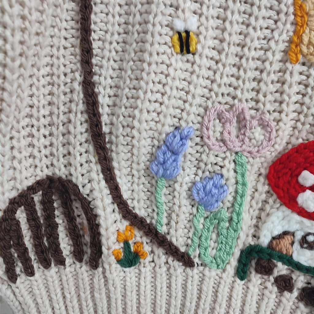 Hand embroidered enchanted fairy garden jumper. With fairies, flowers, woodland. Size 5-6 years