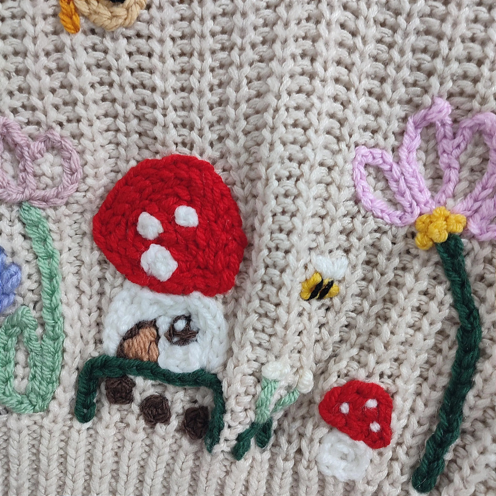 Hand embroidered enchanted fairy garden jumper. With fairies, flowers, woodland. Size 5-6 years