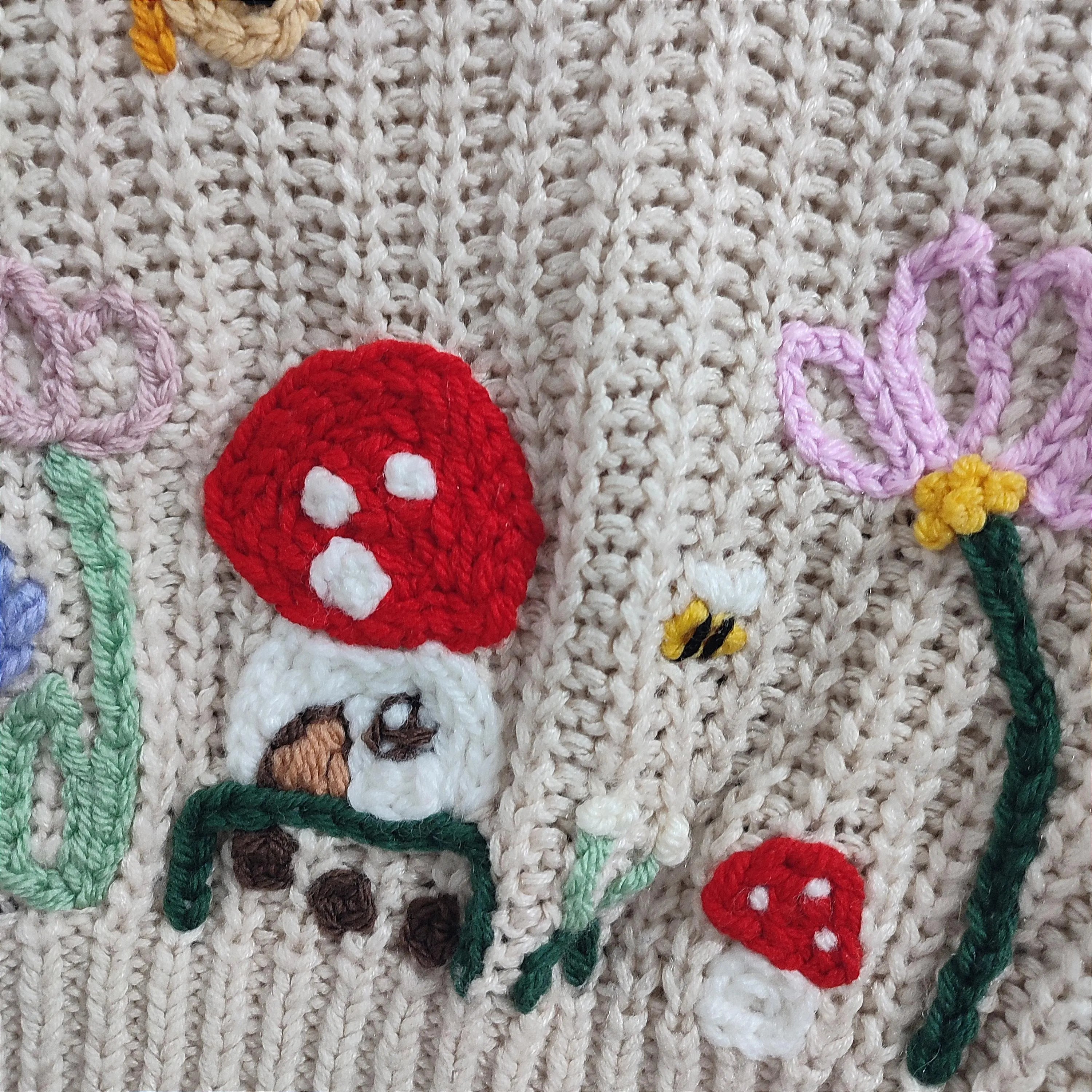 Hand embroidered enchanted fairy garden jumper. With fairies, flowers, woodland. Size 5-6 years