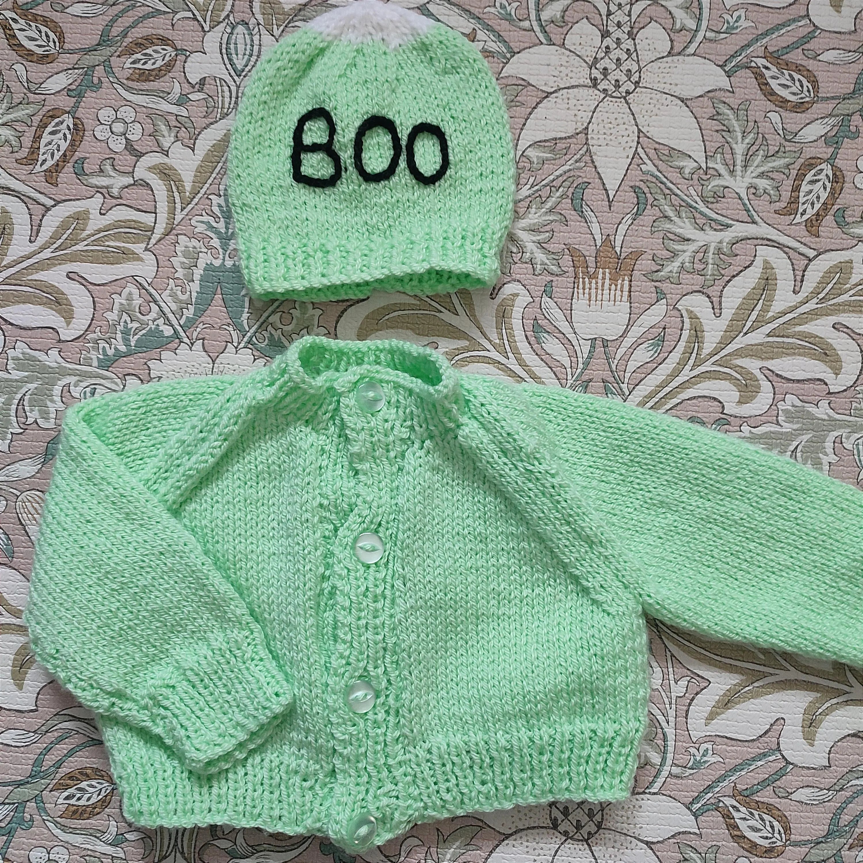 Handmade Monster Knit Cardigan and Hat Set, Halloween Costume (0-3 Months)