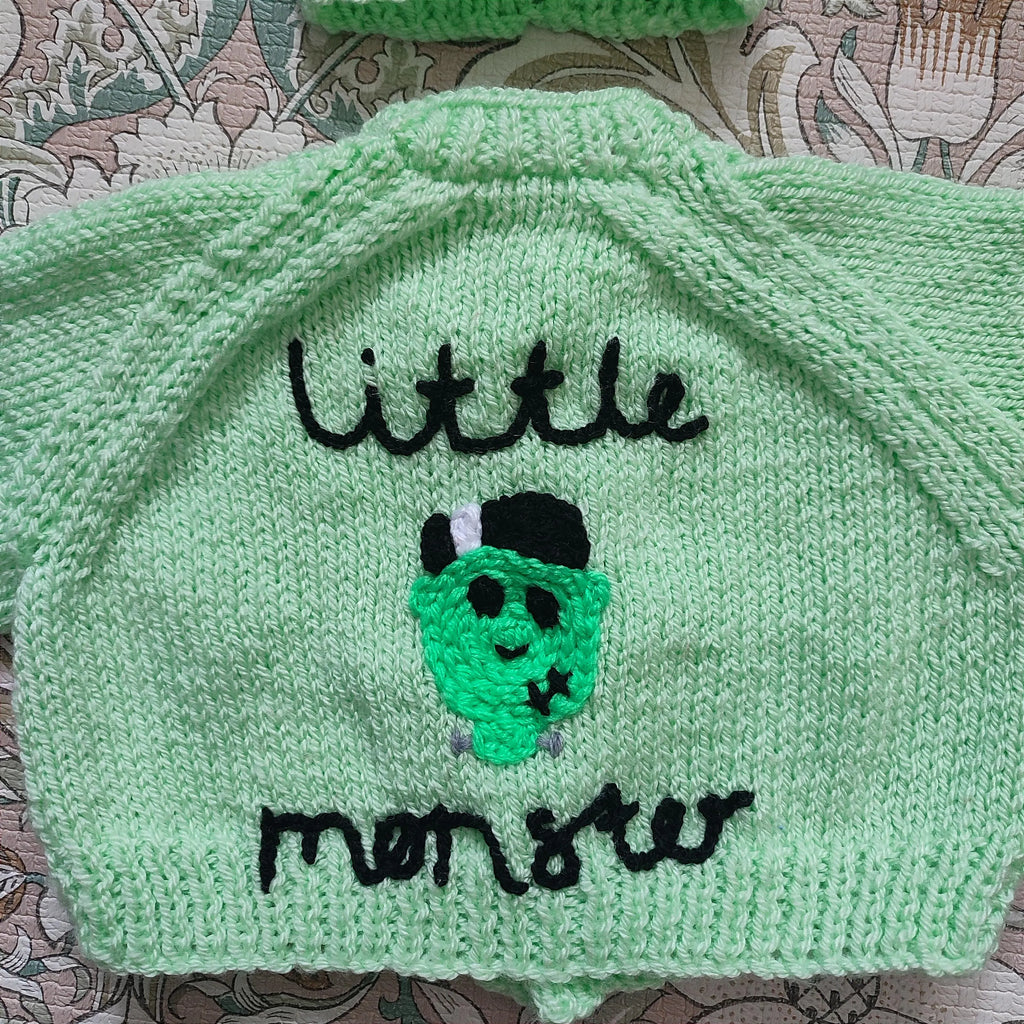 Handmade Monster Knit Cardigan and Hat Set, Halloween Costume (0-3 Months)