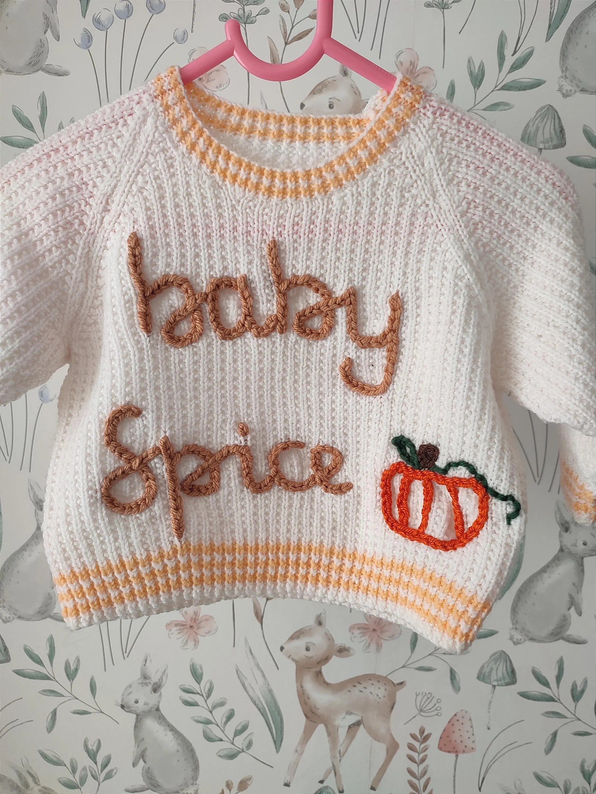 Hand embroidered white neutral pumpkin spice jumper. Halloween, autumn knit. Size 6-9 months