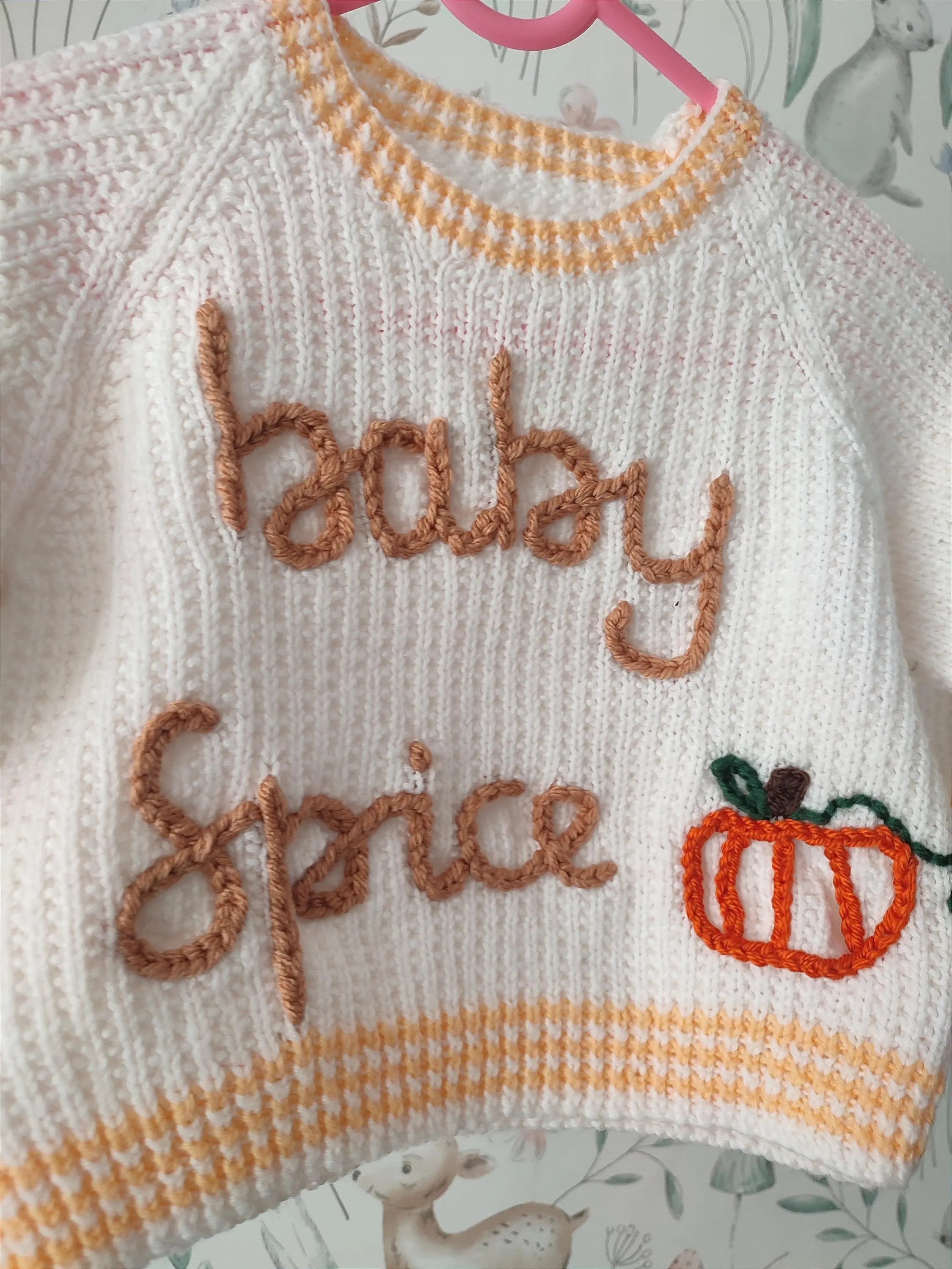Hand embroidered white neutral pumpkin spice jumper. Halloween, autumn knit. Size 6-9 months