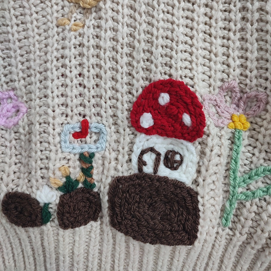 Hand embroidered enchanted fairy garden jumper. With fairies, flowers, woodland. Size 5-6 years