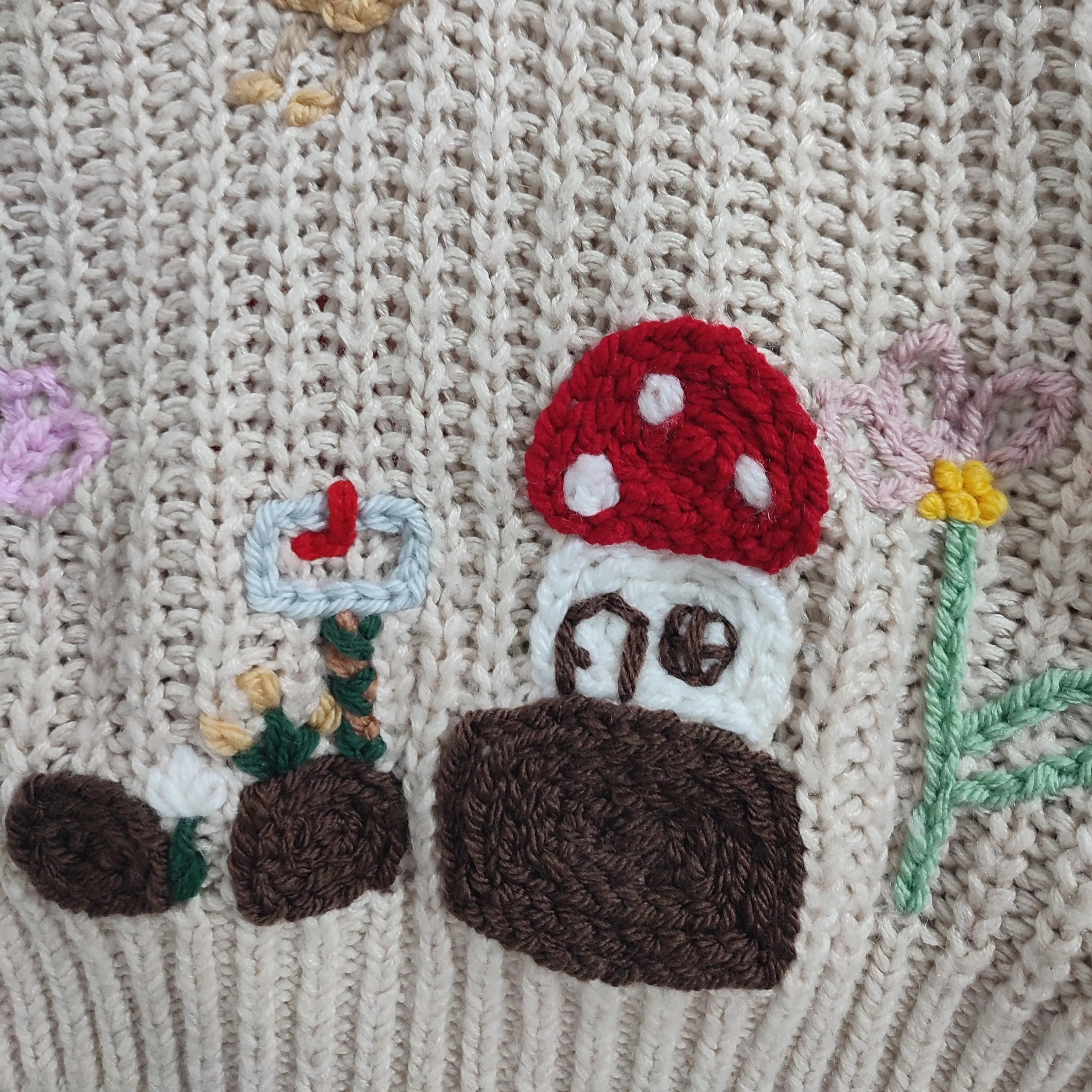 Hand embroidered enchanted fairy garden jumper. With fairies, flowers, woodland. Size 5-6 years