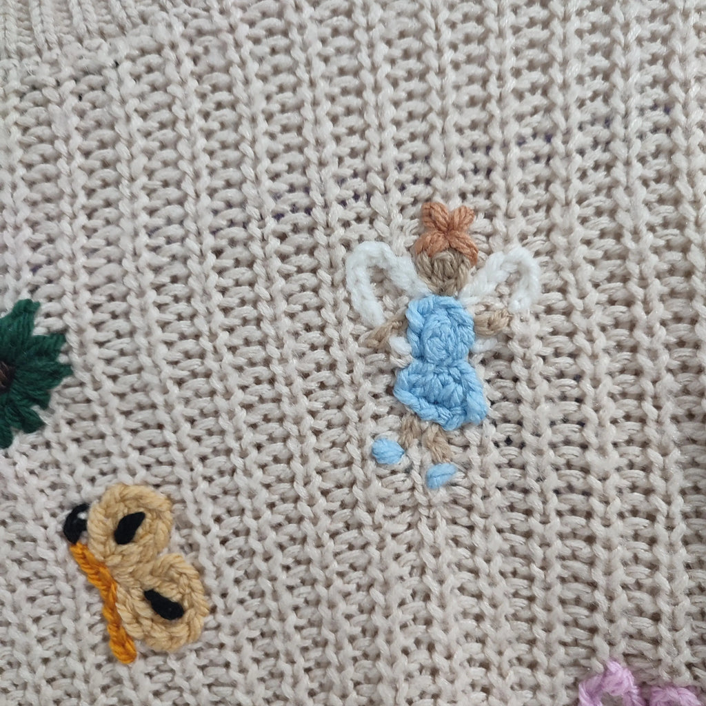 Hand embroidered enchanted fairy garden jumper. With fairies, flowers, woodland. Size 5-6 years