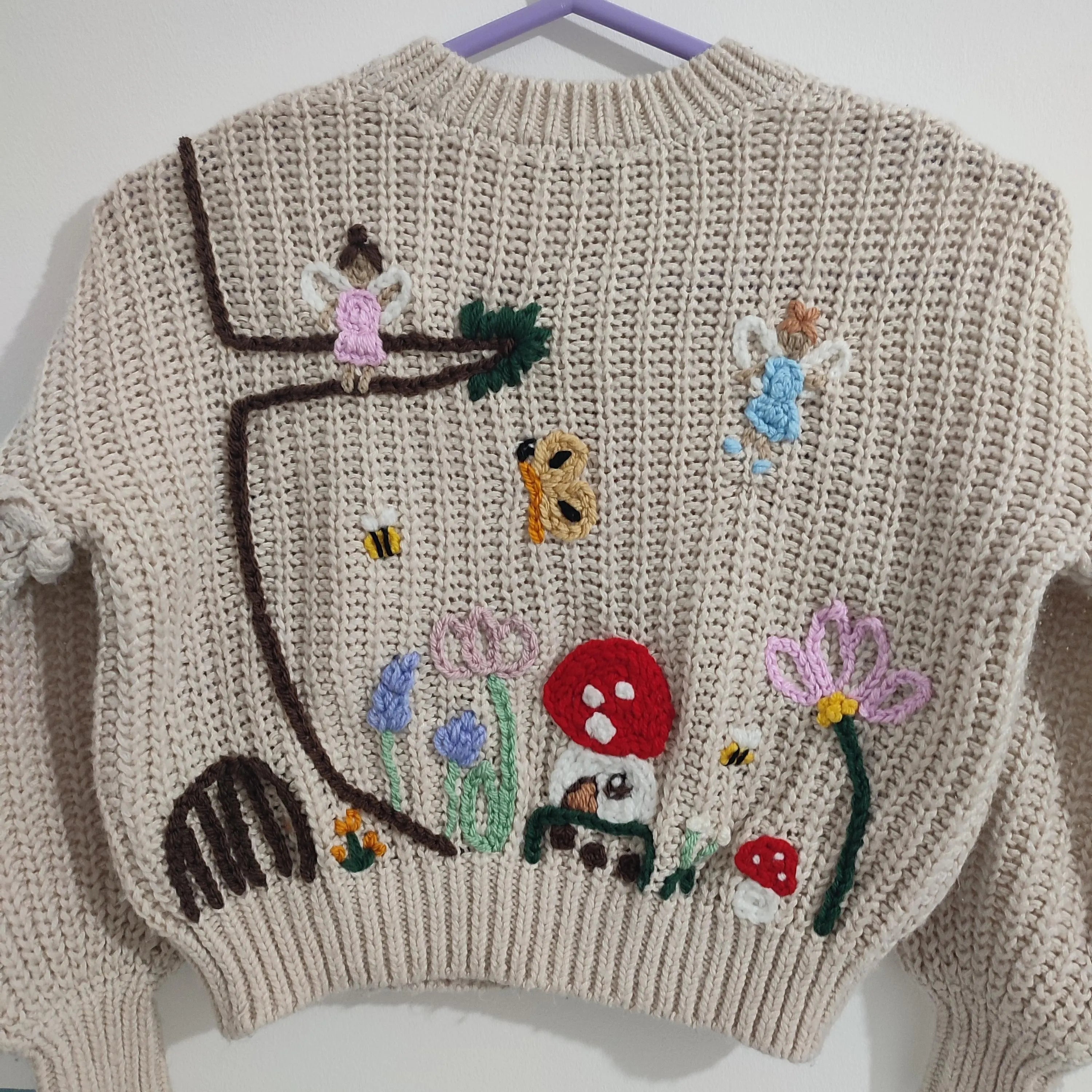 Hand embroidered enchanted fairy garden jumper. With fairies, flowers, woodland. Size 5-6 years
