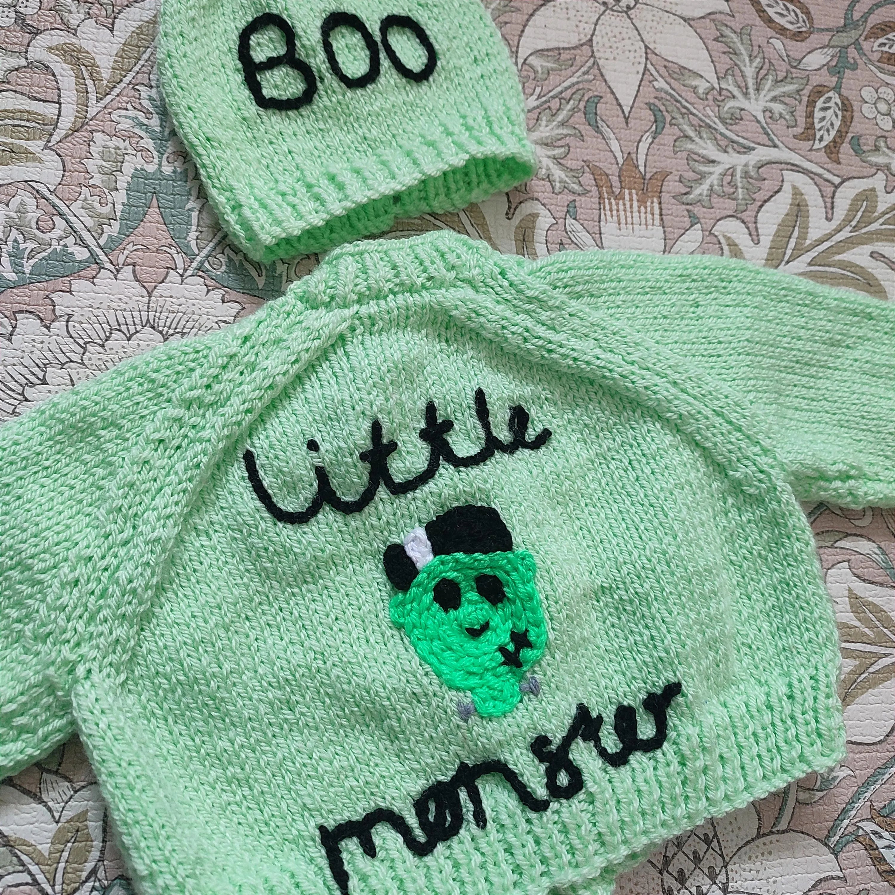 Handmade Monster Knit Cardigan and Hat Set, Halloween Costume (0-3 Months)