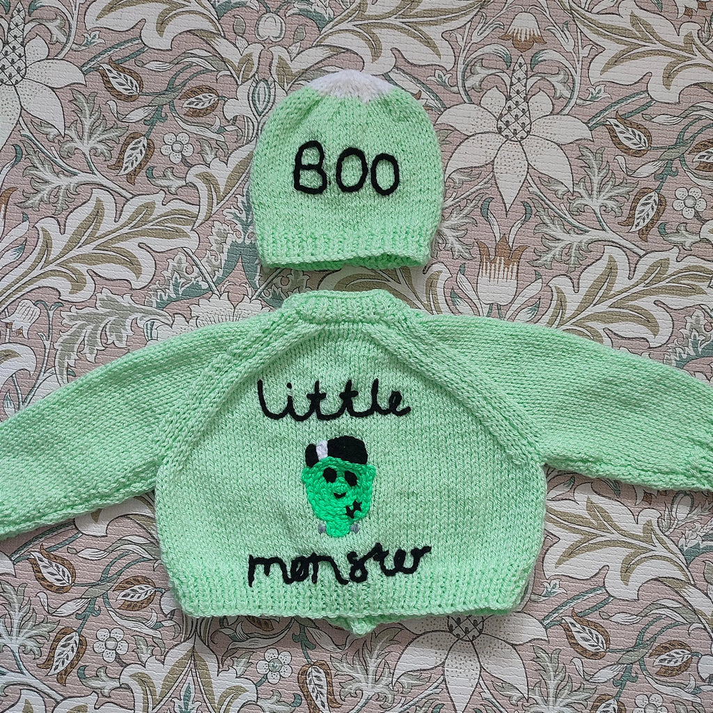 Handmade Monster Knit Cardigan and Hat Set, Halloween Costume (0-3 Months)