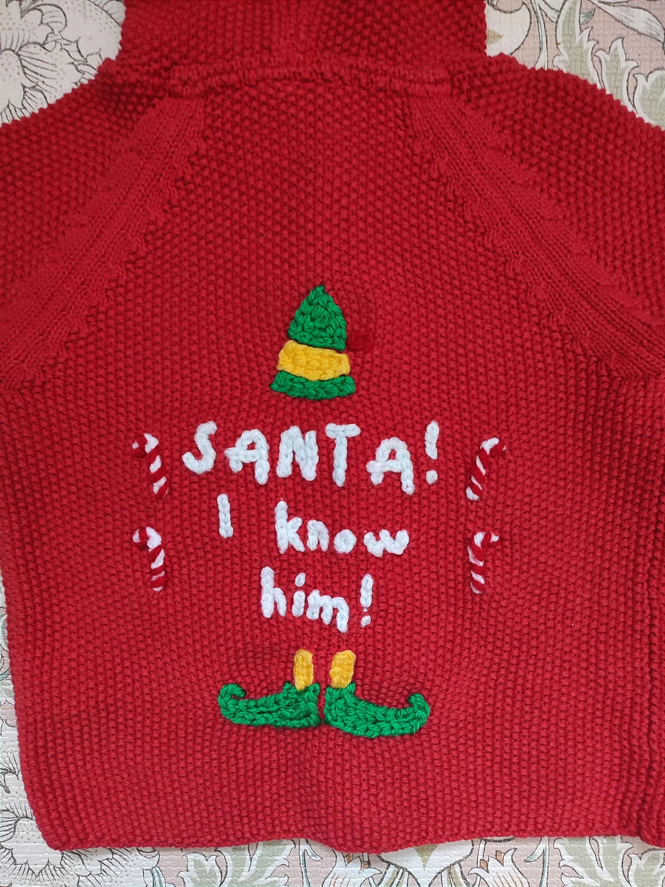 Hand embroidered Christmas red cardigan. Santa I know him. Size 12-18 months