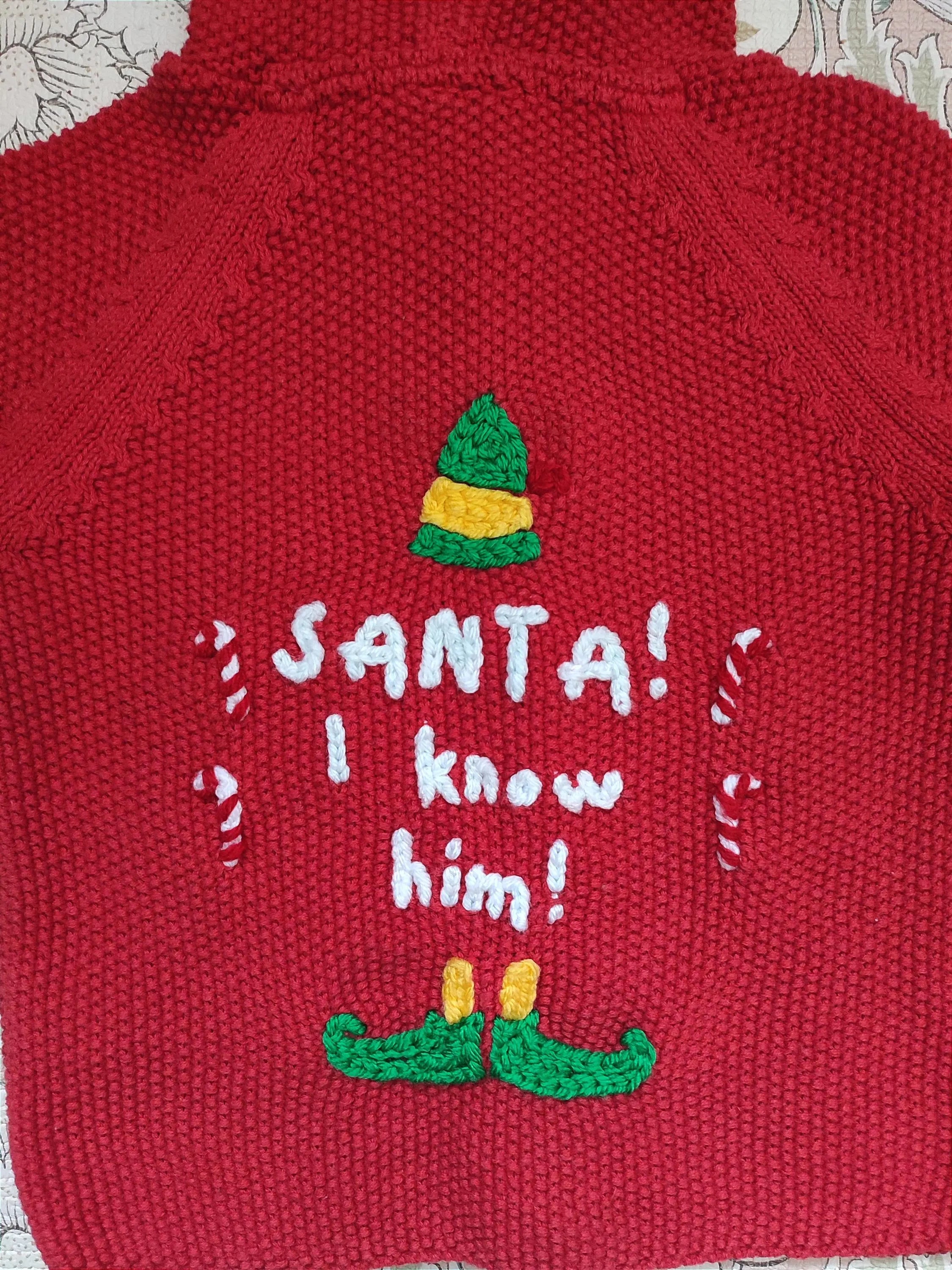 Hand embroidered Christmas red cardigan. Santa I know him. Size 12-18 months