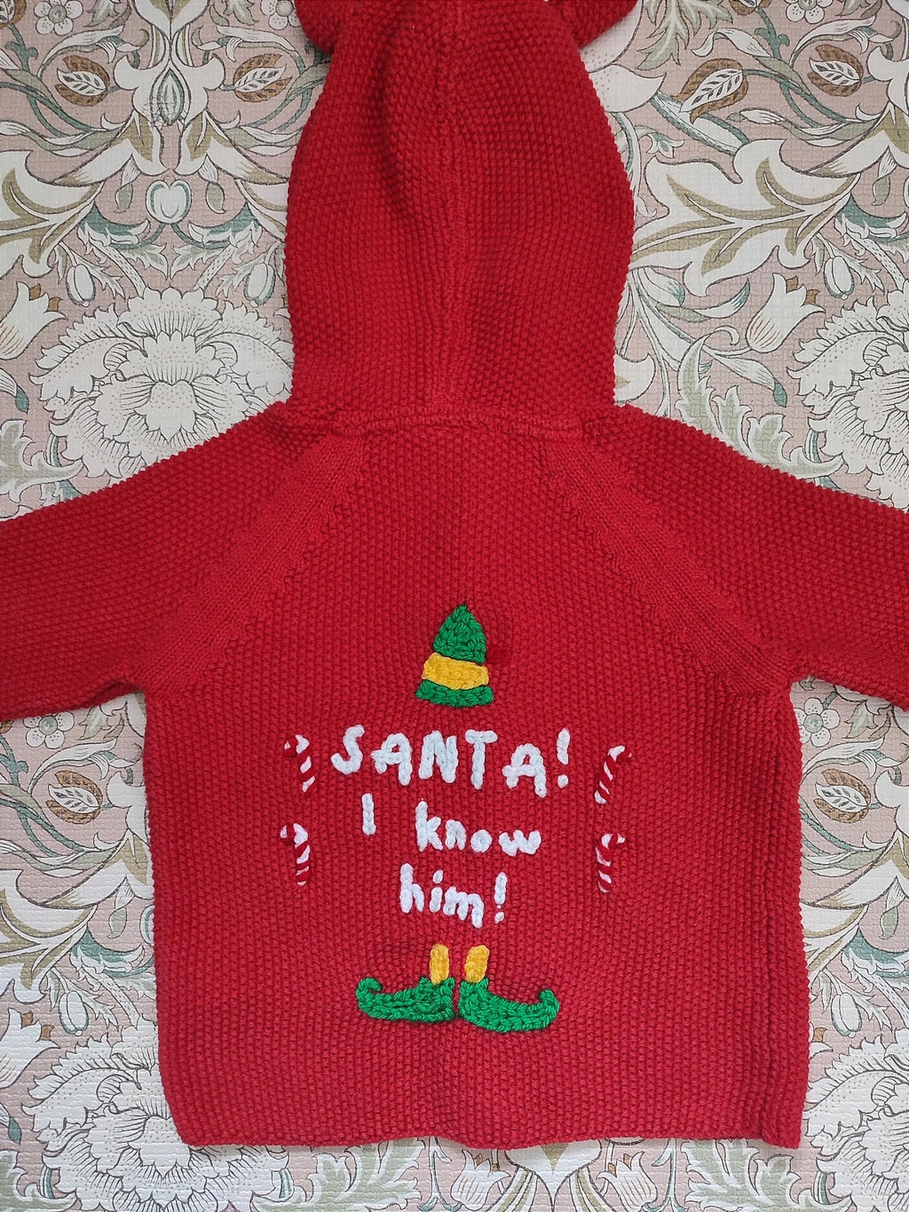 Hand embroidered Christmas red cardigan. Santa I know him. Size 12-18 months