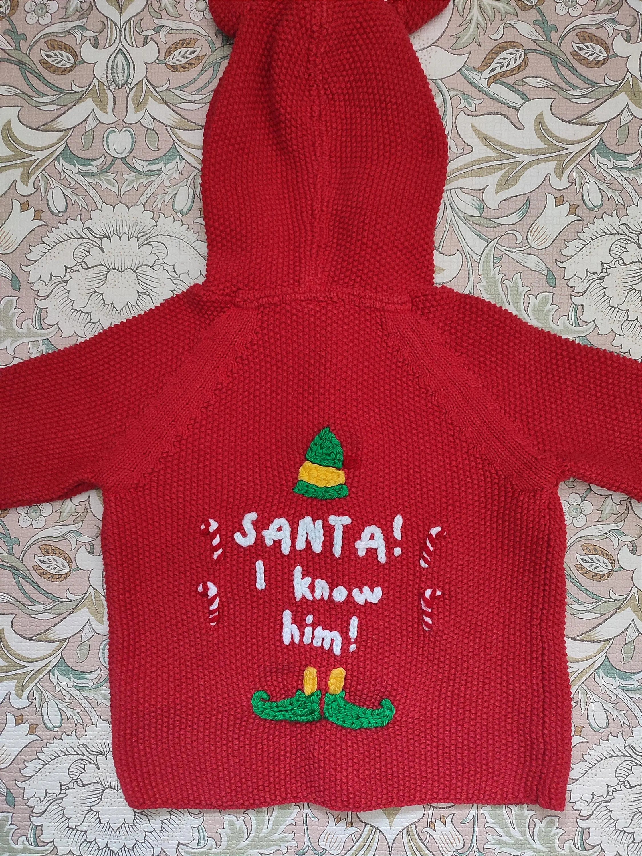 Hand embroidered Christmas red cardigan. Santa I know him. Size 12-18 months