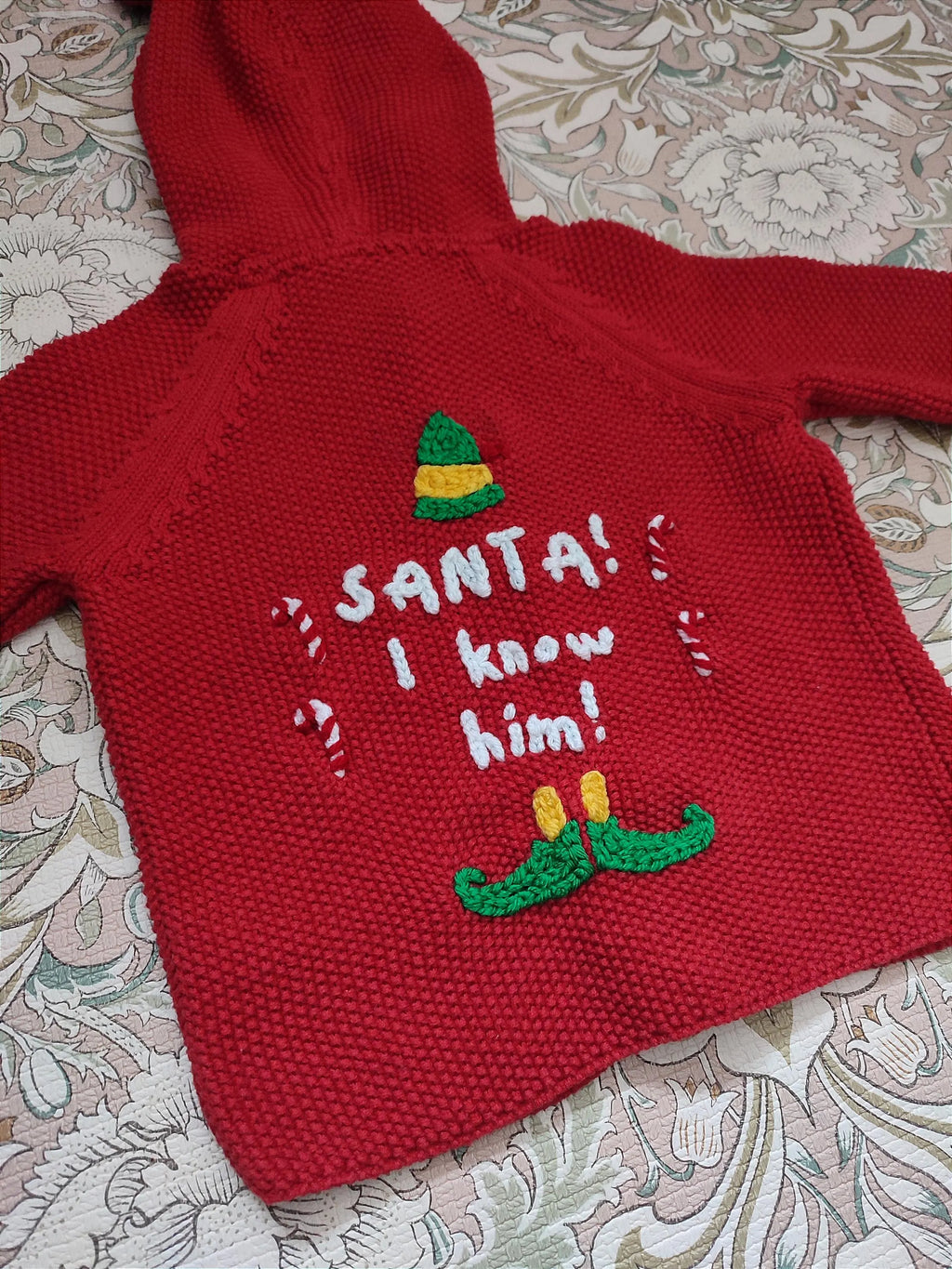 Hand embroidered Christmas red cardigan. Santa I know him. Size 12-18 months