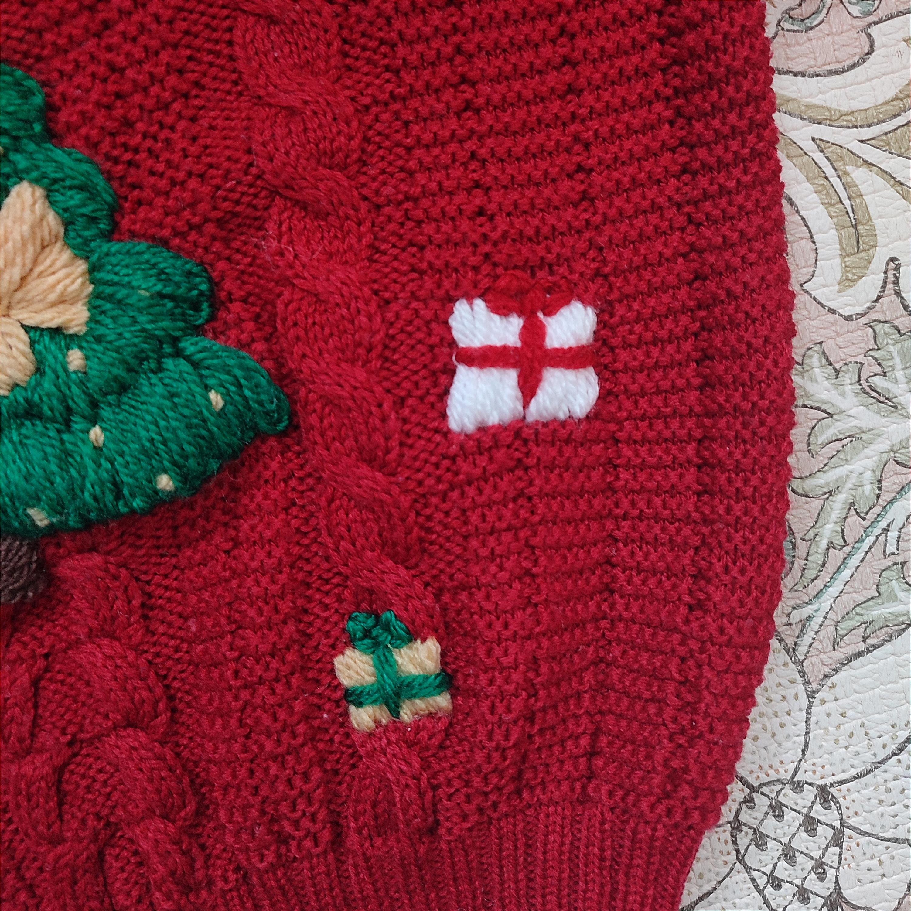 Ready to buy hand embroidered Christmas jumper with Christmas tree bow design, 18-24 Months