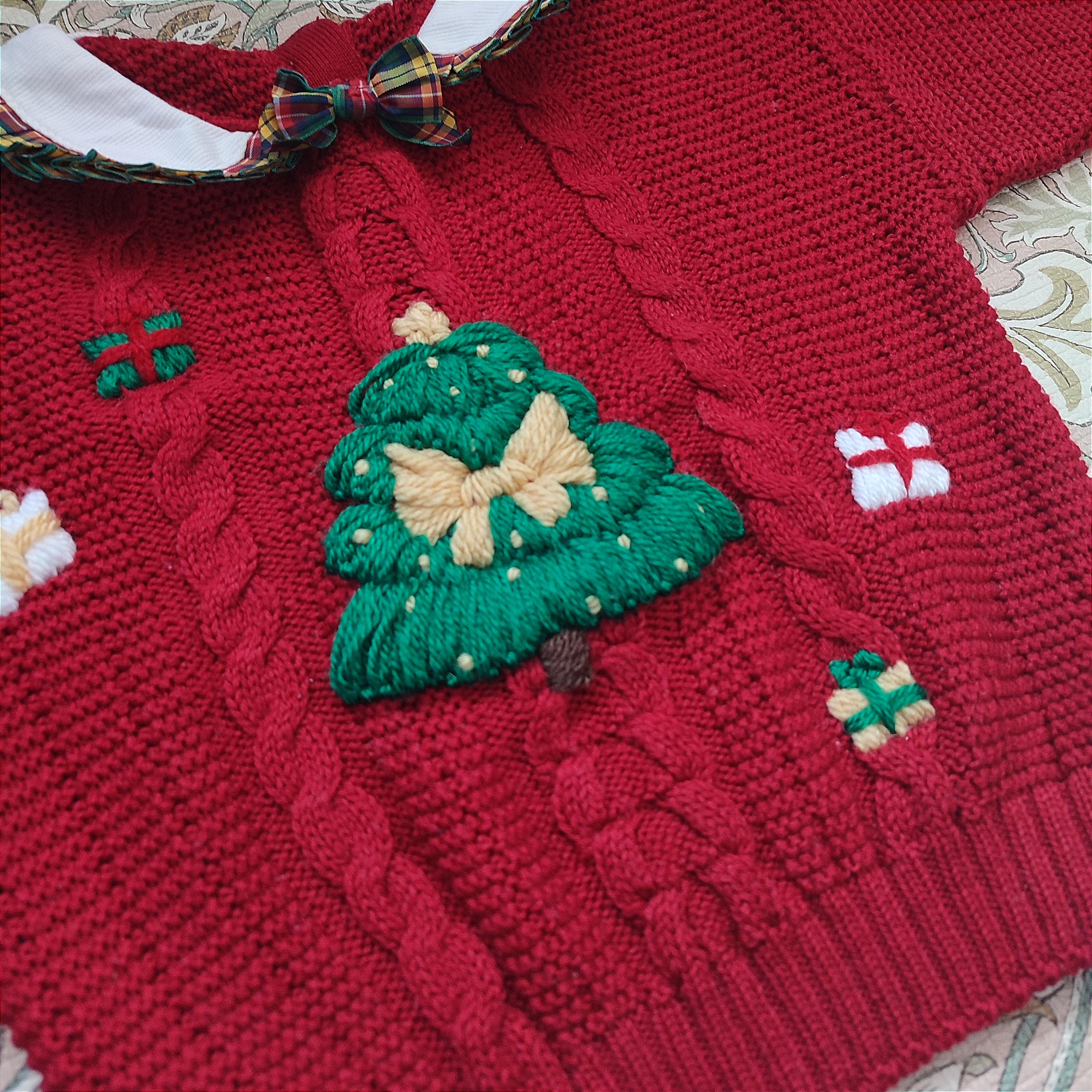 Ready to buy hand embroidered Christmas jumper with Christmas tree bow design, 18-24 Months